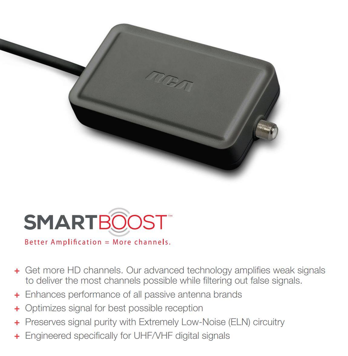 SMARTBOOST™  
Better Amplification = More channels.  
Our advanced technology amplifies weak signals to deliver the most channels possible while filtering out false signals.  
Enhances performance of all passive antenna brands  
Optimizes signal for best possible reception  
Preserves signal purity with Extremely Low-Noise (ELN) circuitry  
Engineered specifically for UHF/VHF digital signals