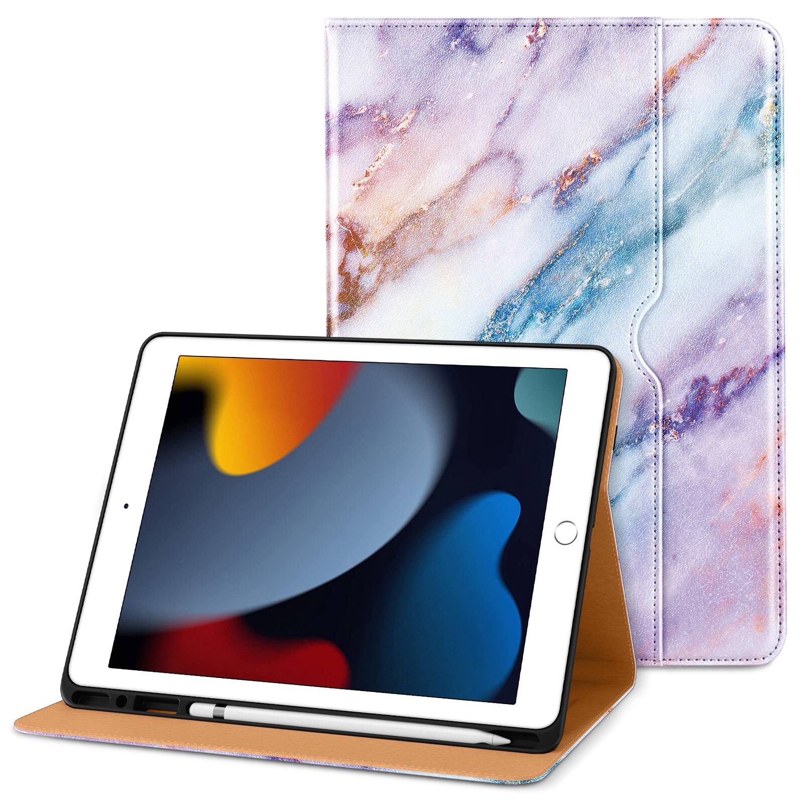 Front. DTTO - ​Case for iPad 9th/8th/7th Generation 10.2 Inch 2021/2020/2019, Premium Leather Folio Stand - Auto Wake/Sleep - Marble Pink.