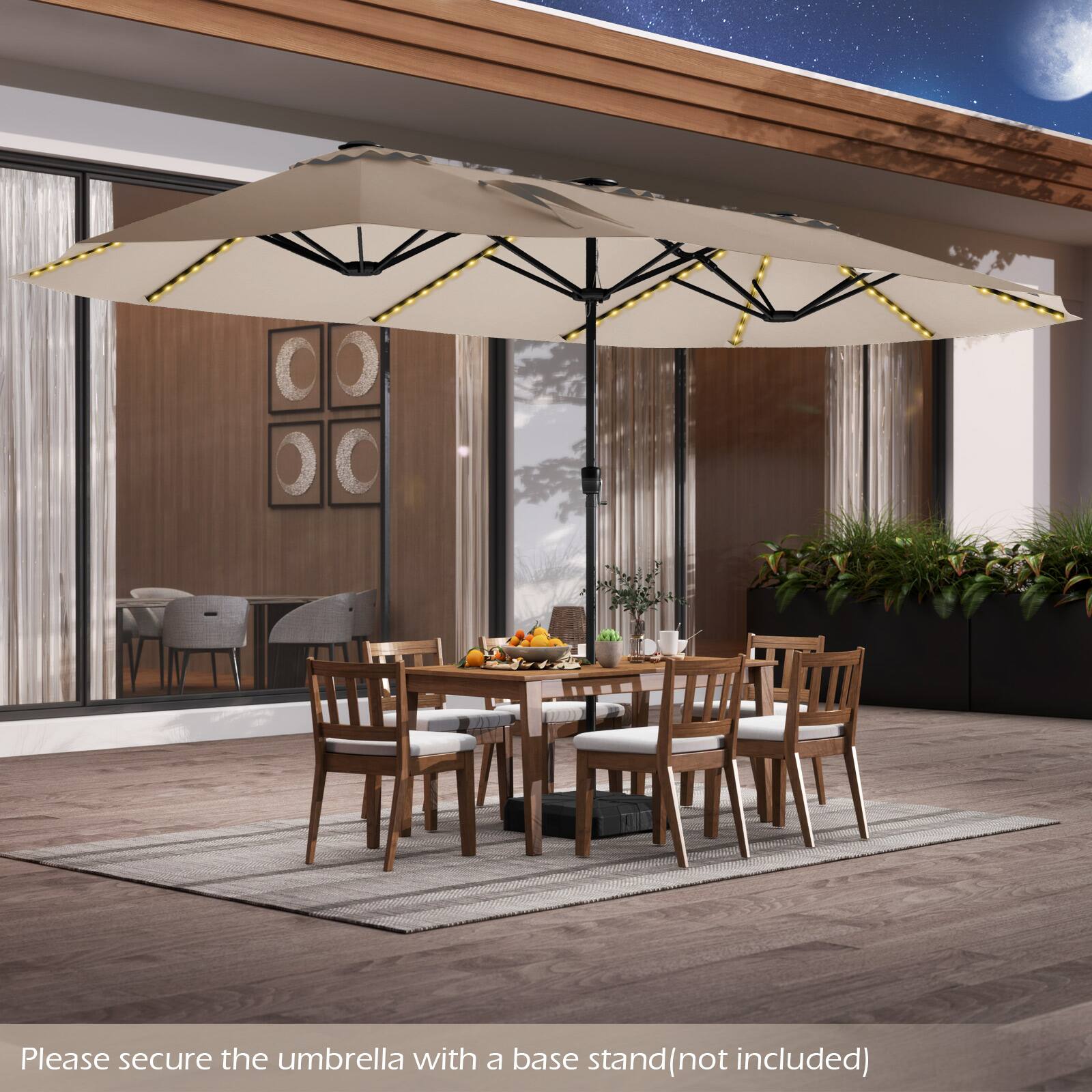 Please secure the umbrella with a base stand (not included)