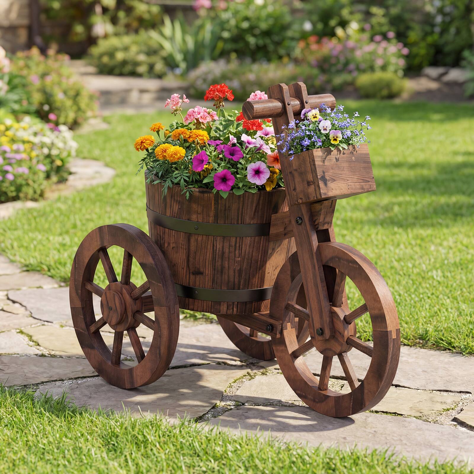 Alt View 4. Costway - Costway 2 PCS Rustic Wood Tricycle Planter with Barrel Pot & Storage Box for Patio Garden - Coffee.