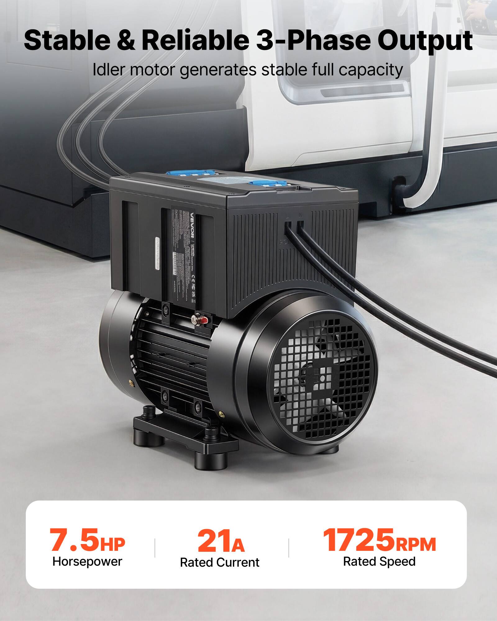 Stable & Reliable 3-Phase Output  
Idler motor generates stable full capacity  

VEVOR  
7.5HP Horsepower  
21A Rated Current  
1725RPM Rated Speed