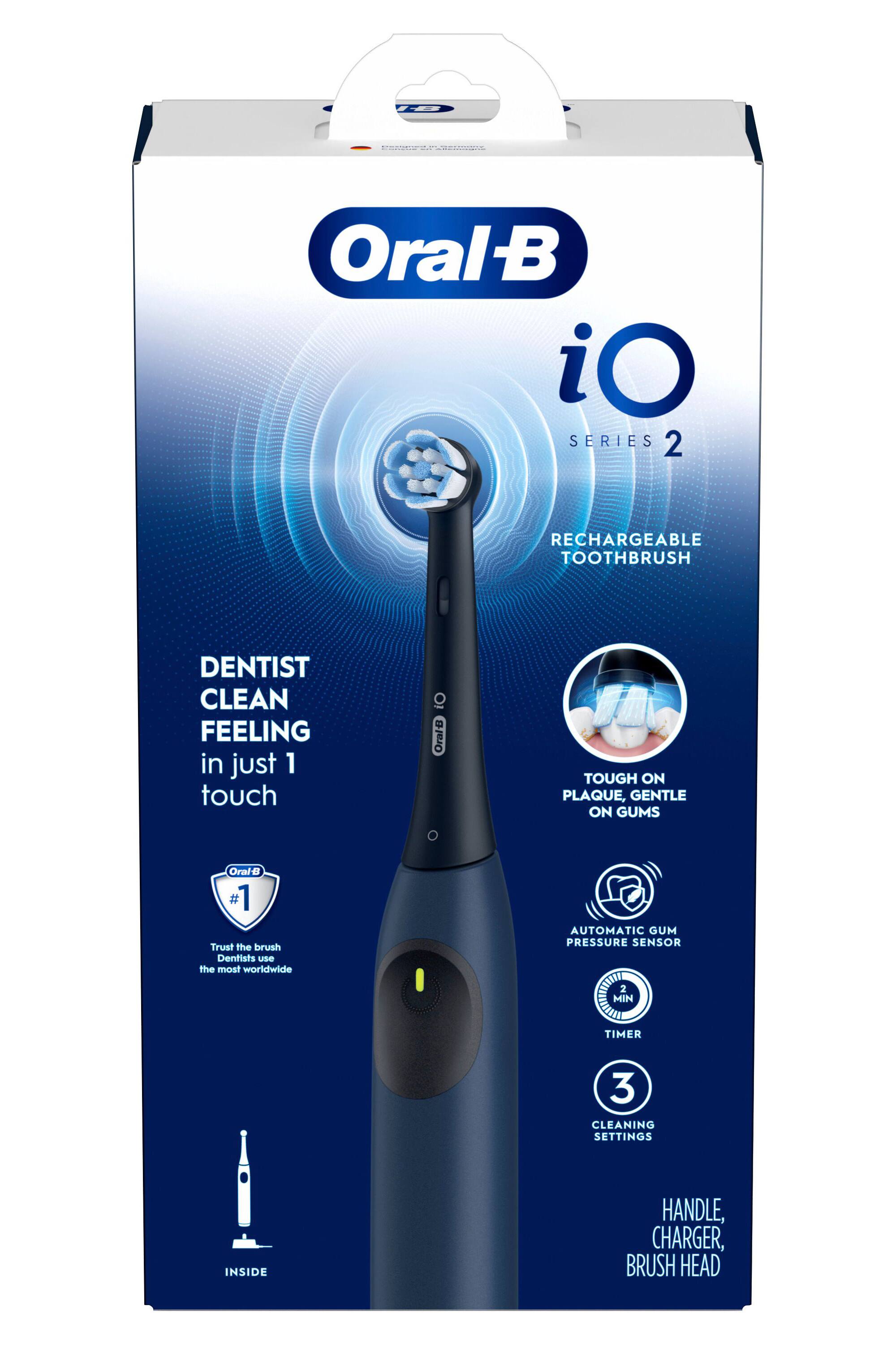 Oral-B iO Series 2 Rechargeable Toothbrush

Dentist Clean Feeling in just 1 touch

Tough on Plaque, Gentle on Gums

#1 Trust the brush Dentists use the most worldwide

Automatic Gum Pressure Sensor

2 Min Timer

3 Cleaning Settings

Inside: Handle, Charger, Brush Head