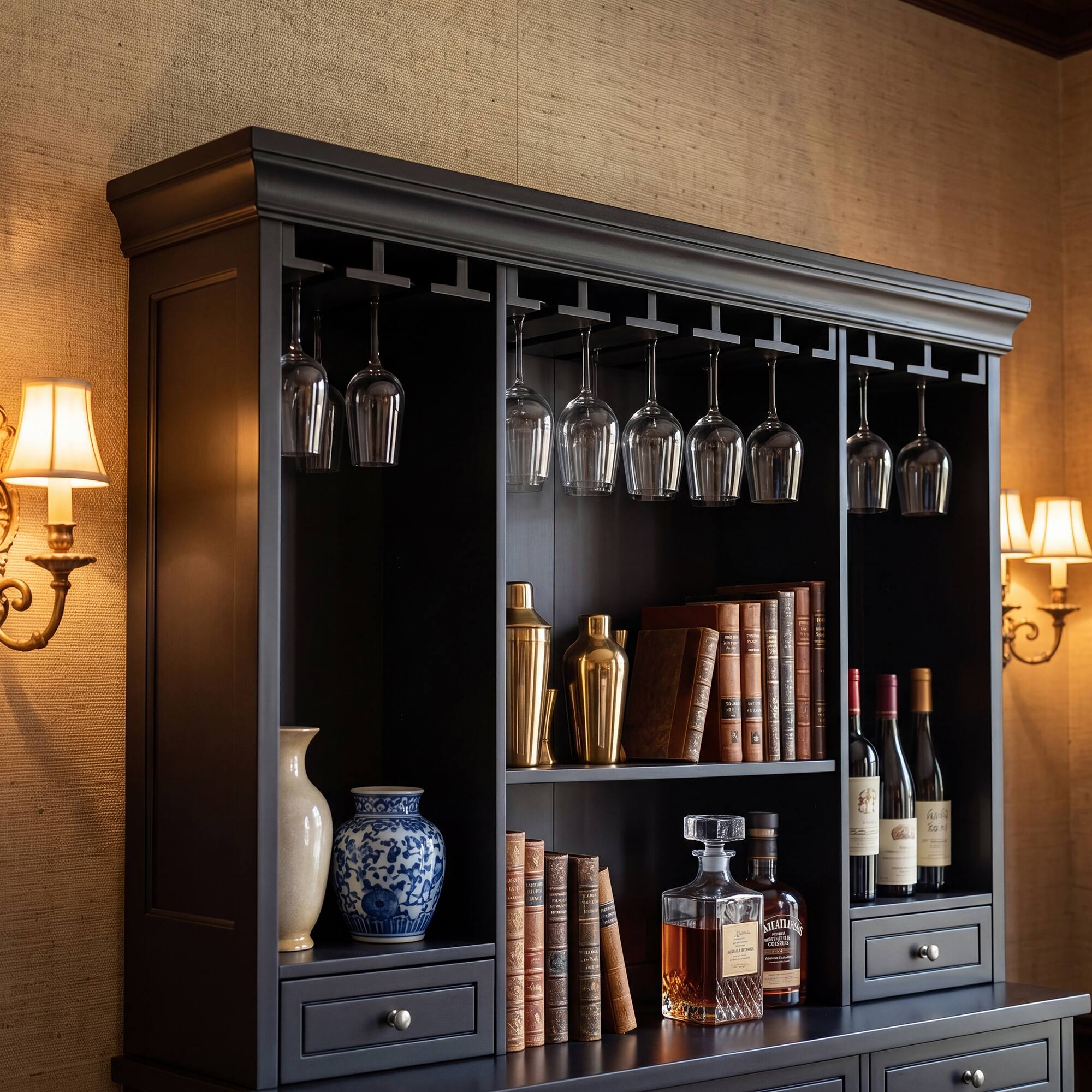 Left. Famapy - 78" Tall American Style Wine Cabinet with Storage – Fits Wine Fridge, Glass Rack, 16 Bottle Cubby, Drawers - Black.