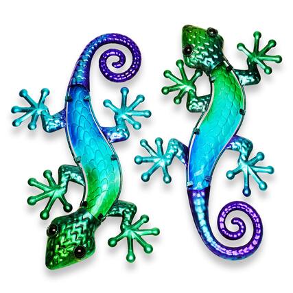 Front. G128 - Lizard Gecko Metal Wall Art Set, 15 × 10 in Hanging Decor, Set of 2 - Green, Blue, Purple.
