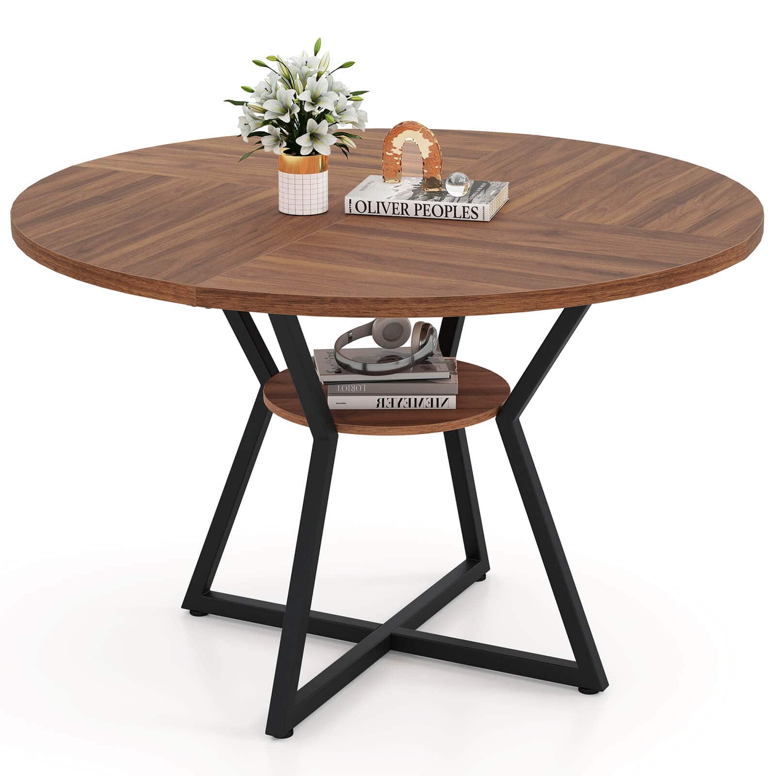 Costway - 47" Round Dining Table for 4 with Storage Shelf, Wooden Tabletop, Metal Base - Brown