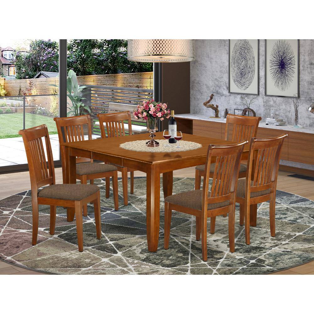 Left. East West Furniture - PFPO7-SBR-C 7 Pc Dining set-Square Dining Table with Leaf and 6 Dining Chairs - Saddle Brown.