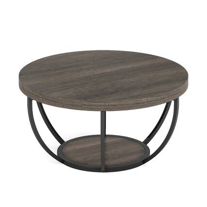 Front. Resenkos - Kadyn Wooden Coffee Table, 2-Tier Round Central Cocktail Table with Shelves,Gray - Gray.