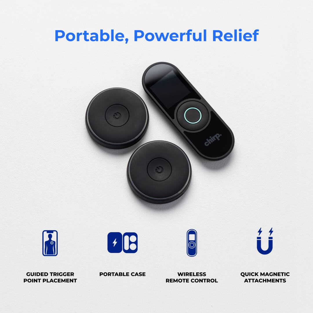 Portable, Powerful Relief

- GUIDED TRIGGER POINT PLACEMENT
- PORTABLE CASE
- WIRELESS REMOTE CONTROL
- QUICK MAGNETIC ATTACHMENTS