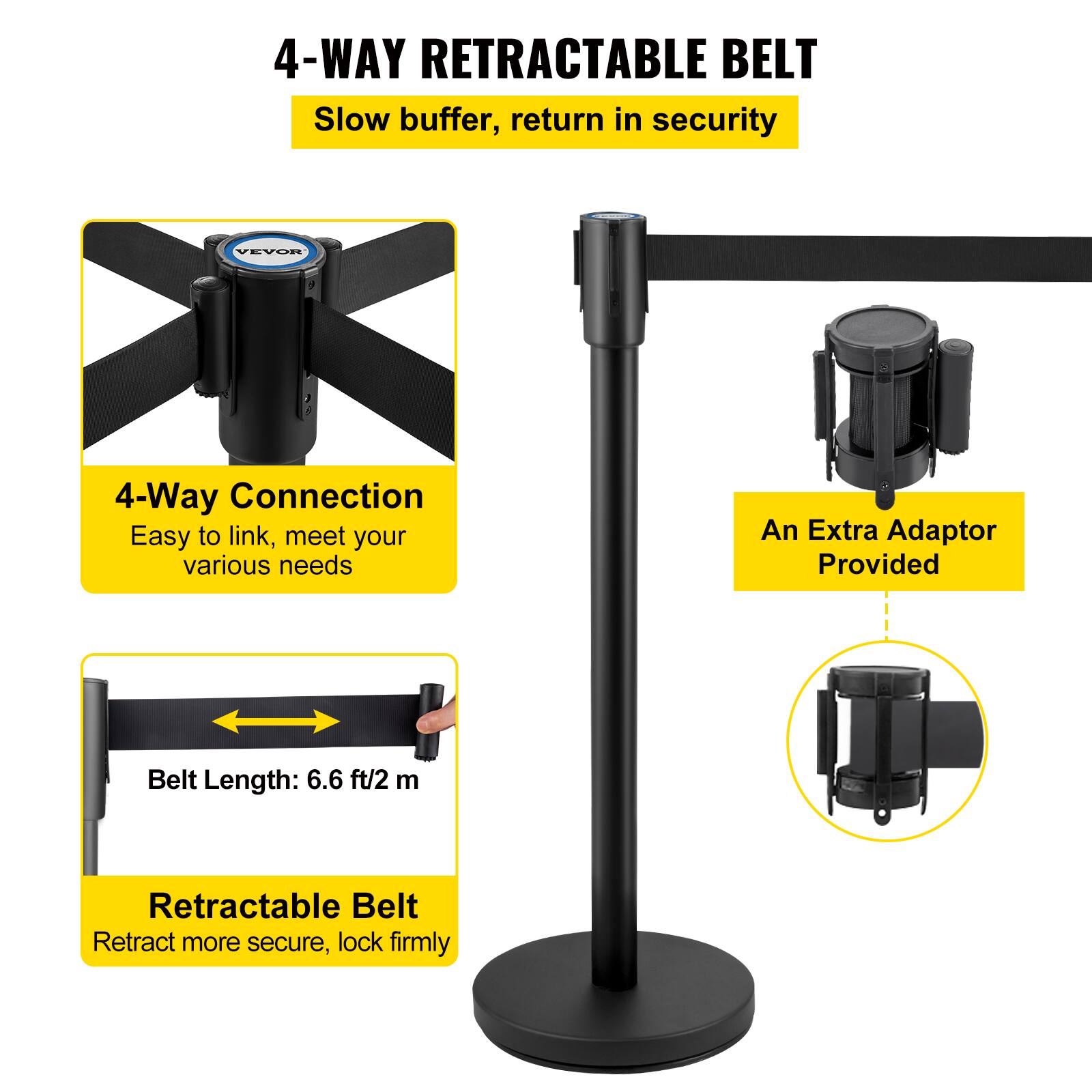 4-WAY RETRACTABLE BELT  
Slow buffer, return in security  

4-Way Connection  
Easy to link, meet your various needs  

An Extra Adaptor Provided  

Belt Length: 6.6 ft/2 m  

Retractable Belt  
Retract more secure, lock firmly