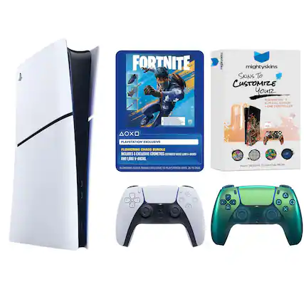 FORTNITE mightyskins SKINS TO CUSTOMIZE YOUR PLAYSTATION 5 SLIM DISC EDITION. ONE CONTROLLER. AOX PLAYSTATION EXCLUSIVE FLOWERING CHAOS BUNDLE INCLUDES 8 EXCLUSIVE COSMETICS (ESTIMATED VALUE 5,000 V-BUCKS) AND 1,000 V-BUCKS. FLOWERING CHAOS BUNDLE EXCLUSIVE TO PLAYSTATION UNTIL 26/11/2026. MANY DESIGNS TO CHOOSE FROM.