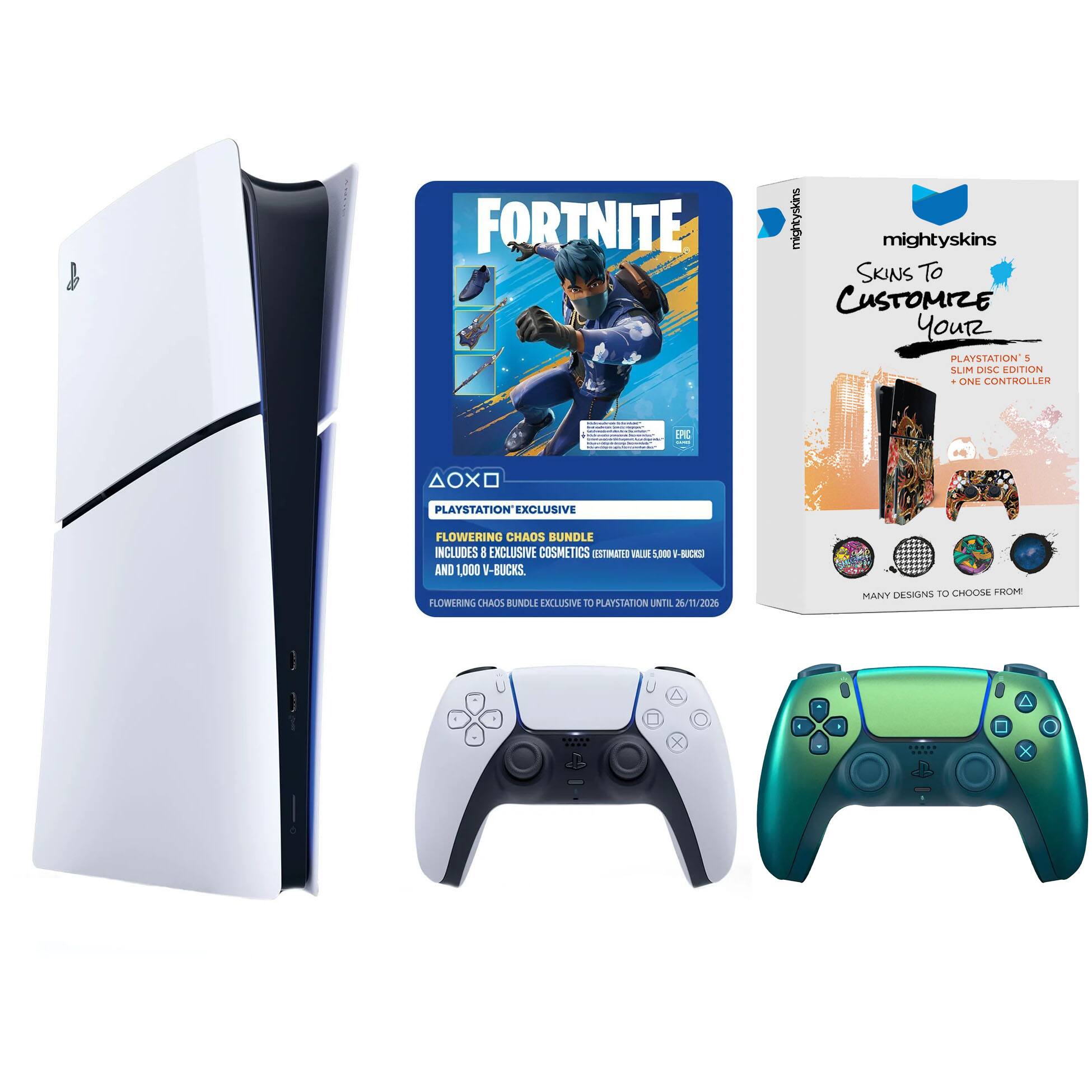FORTNITE mightyskins SKINS TO CUSTOMIZE YOUR PLAYSTATION 5 SLIM DISC EDITION. ONE CONTROLLER. AOX PLAYSTATION EXCLUSIVE FLOWERING CHAOS BUNDLE INCLUDES 8 EXCLUSIVE COSMETICS (ESTIMATED VALUE 5,000 V-BUCKS) AND 1,000 V-BUCKS. FLOWERING CHAOS BUNDLE EXCLUSIVE TO PLAYSTATION UNTIL 26/11/2026. MANY DESIGNS TO CHOOSE FROM.