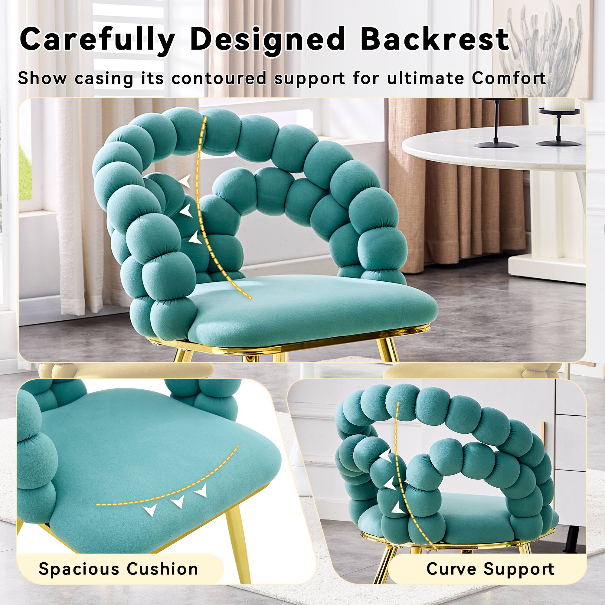 Carefully Designed Backrest  
Show casing its contoured support for ultimate Comfort  
Spacious Cushion  
Curve Support