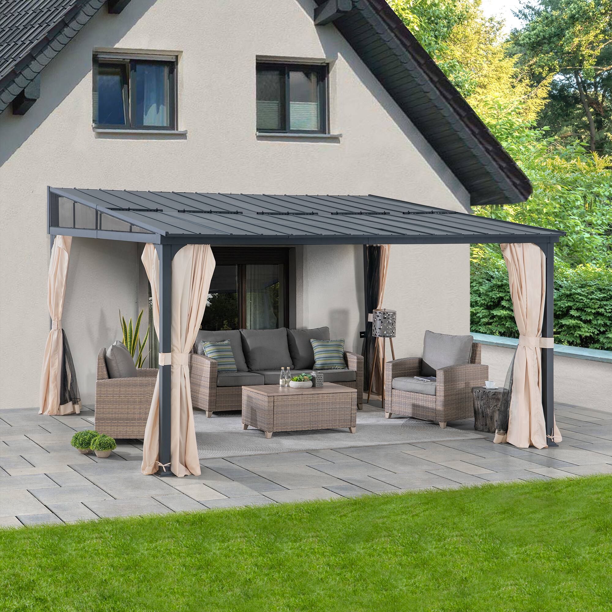 Angle. SUNJOY - Sunjoy 12ft. x 14ft Wall Mounted Gazebo with Powder Coated Steel Roof, Black Aluminum & Metal Frame Lean to Gazebo - 12*14 Metal Roof.