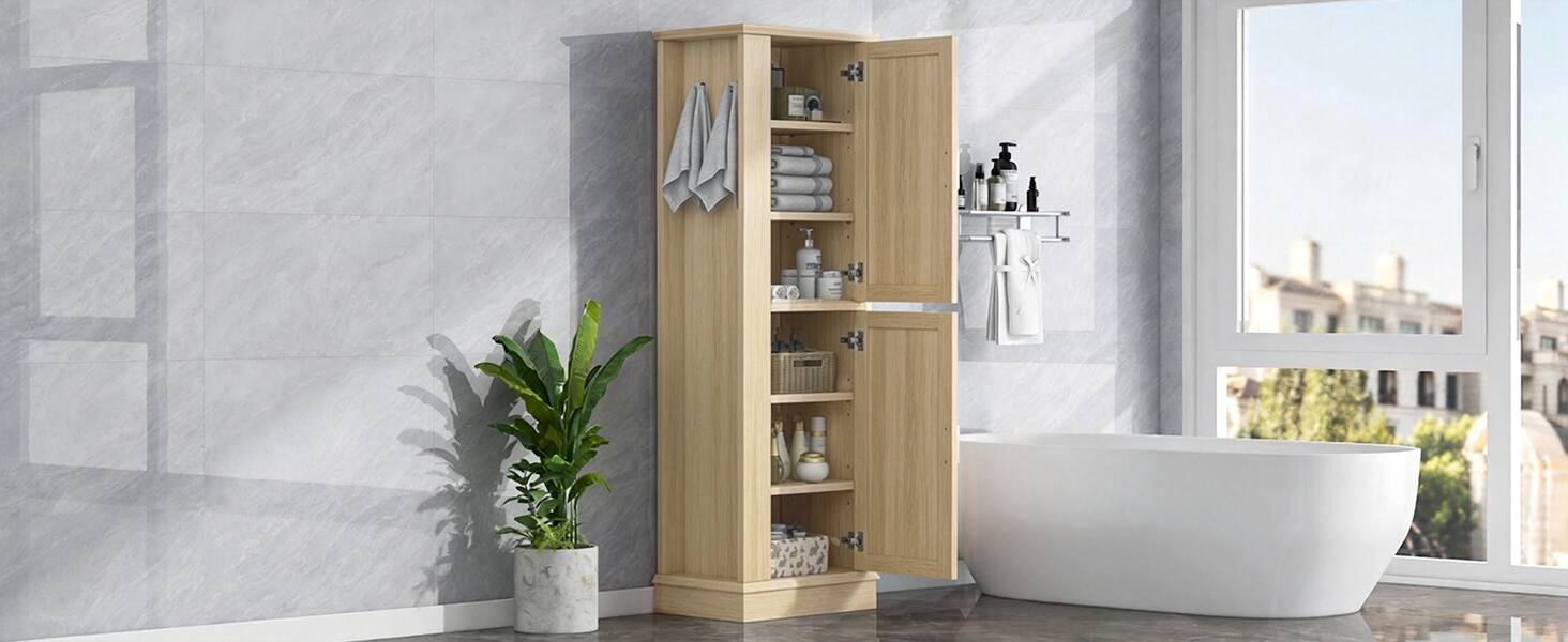 Alt View 1. Loheer - Loheer Tall Bathroom Storage Cabinet Freestanding Organizer with Adjustable Shelves and Hooks Natural MDF - Natural.