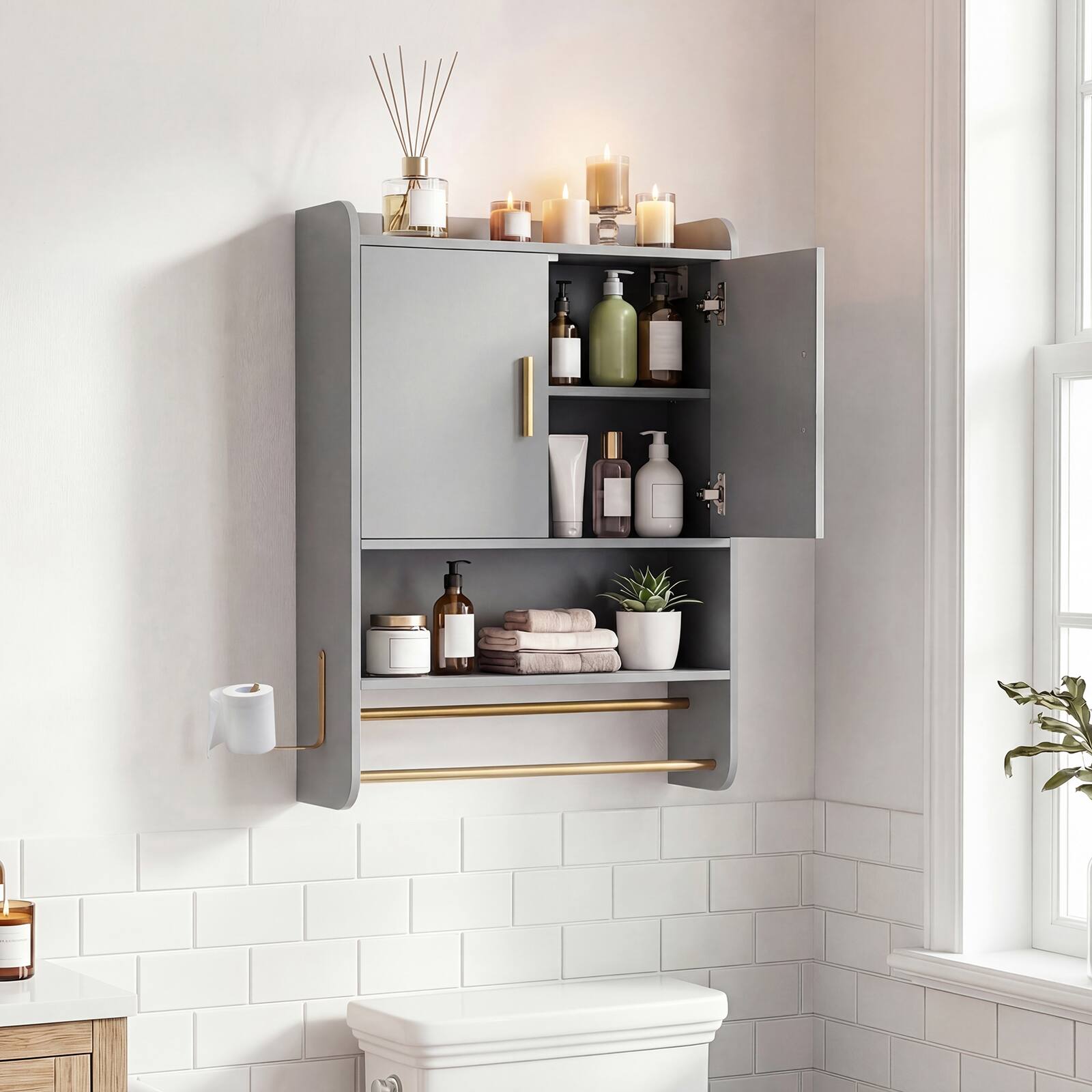 Alt View 3. Costway - Costway Bathroom Wall Cabinet with Towel Bars Toilet Paper Holder Open Shelves for Laundry - Gray.