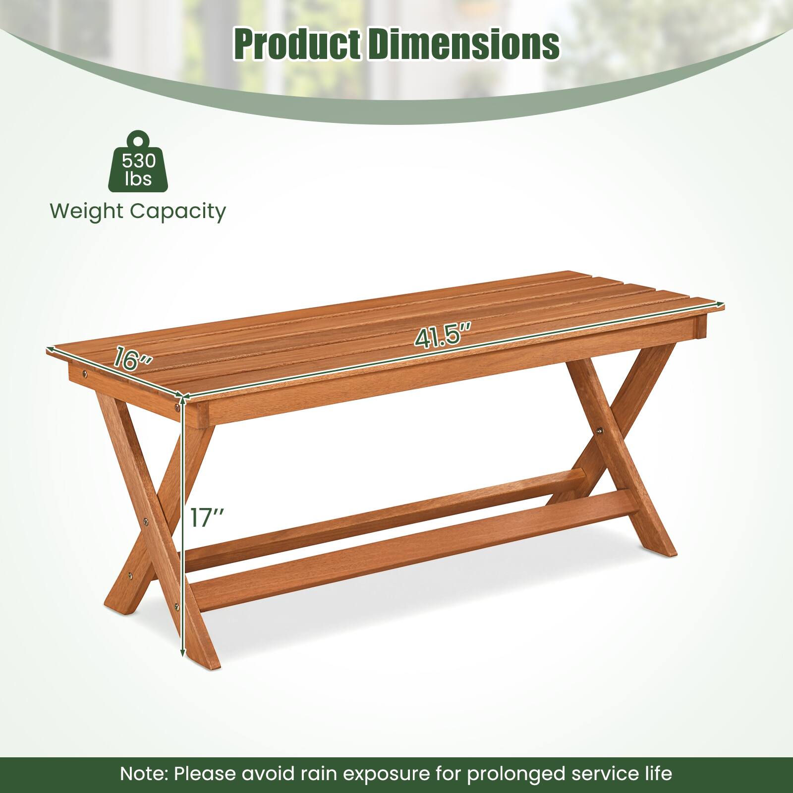 Product Dimensions  
Weight Capacity: 530 lbs  
Dimensions: 16" x 41.5" x 17"  

Note: Please avoid rain exposure for prolonged service life