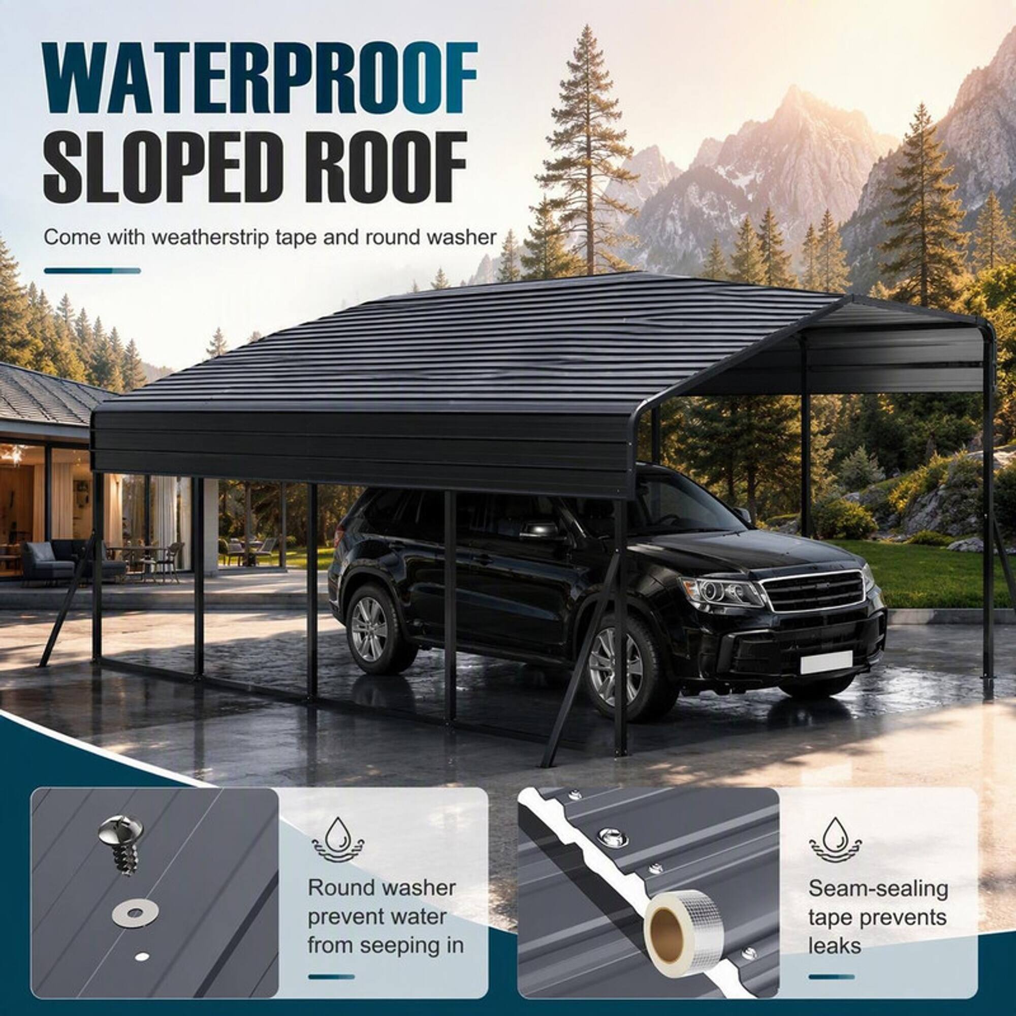 WATERPROOF SLOPED ROOF  
Come with weatherstrip tape and round washer

Round washer prevent water from seeping in

Seam-sealing tape prevents leaks