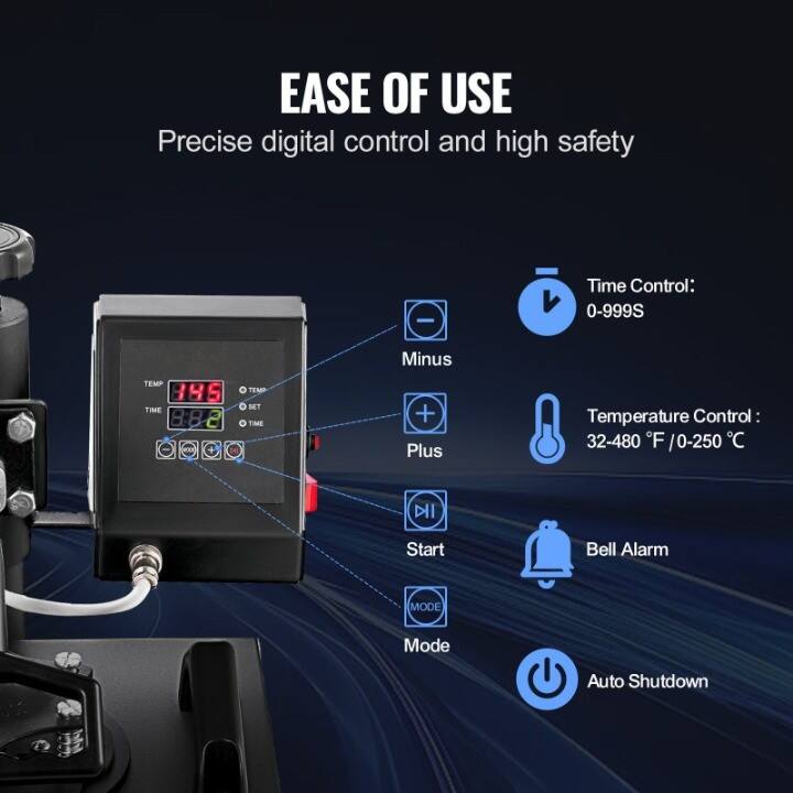 EASE OF USE  
Precise digital control and high safety  

- Time Control: 0-999S  
- Temperature Control: 32-480°F / 0-250°C  
- Minus  
- Plus  
- Start  
- Bell Alarm  
- Mode  
- Auto Shutdown