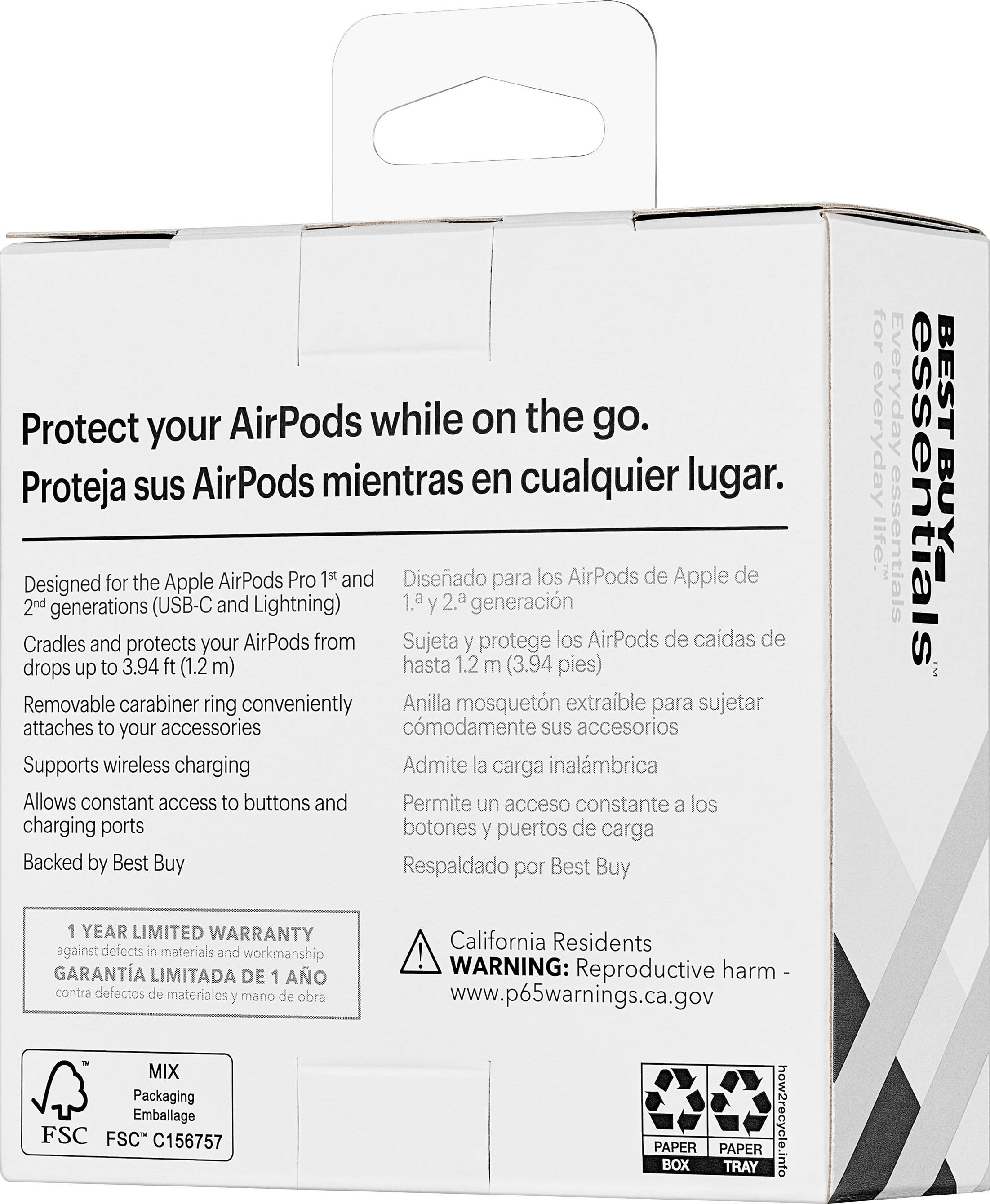 Protect your AirPods while on the go. Proteja sus AirPods mientras en cualquier lugar. Designed for the Apple AirPods Pro 1st and 2nd generations (USB-C and Lightning) 1.a y 2.a generaciones. Cradles and protects your AirPods from drops up to 3.94 ft (1.2 m) hasta 1.2 m (3.94 pies). Removable carabiner ring conveniently attaches to your accessories. Supports wireless charging. Allows constant access to buttons and charging ports. Backed by Best Buy for everyday essentials. 1-year limited warranty against defects in materials and workmanship. Mix packaging.