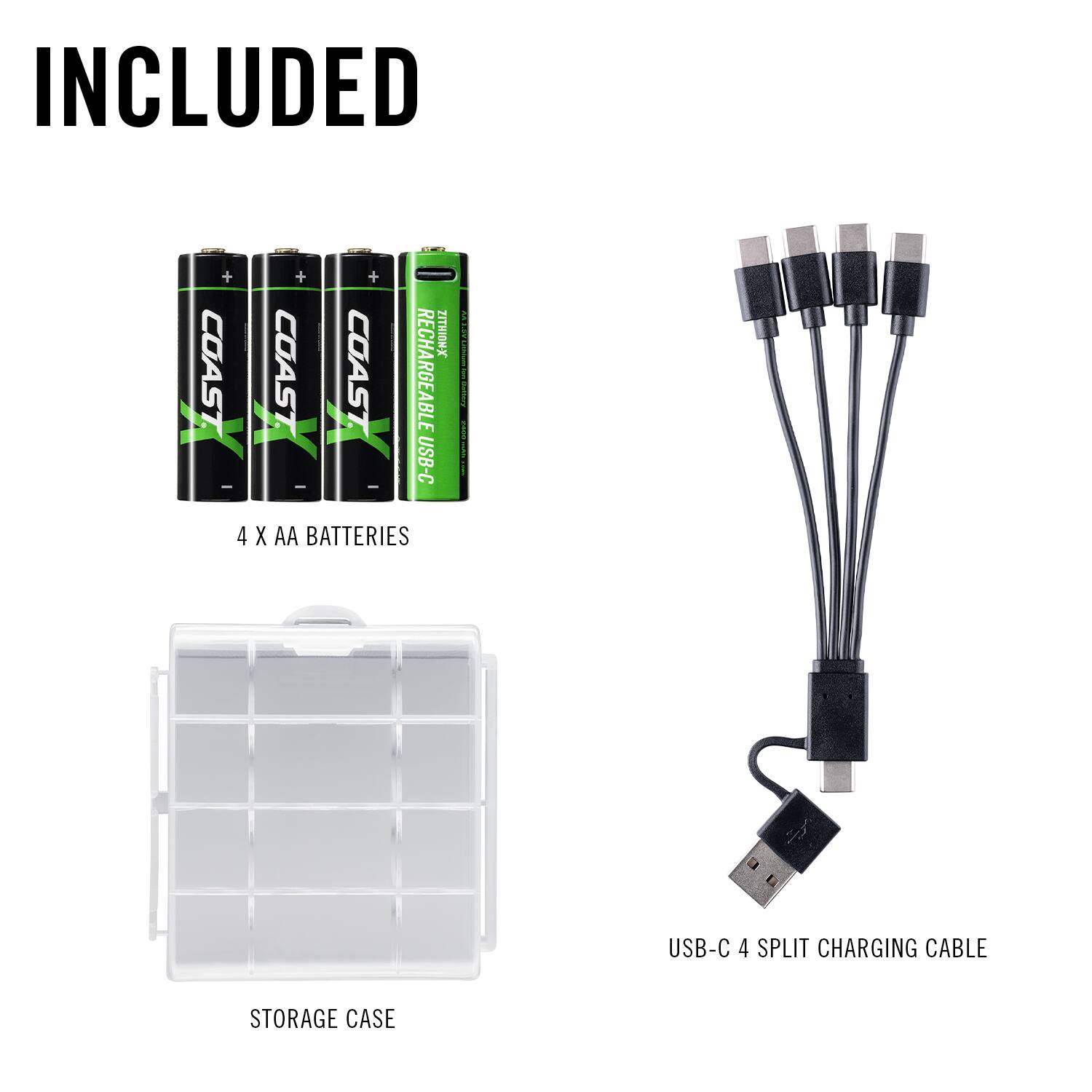 INCLUDED

COAST + COAST + COAST

TITHION-X RECHARGEABLE USB-C

4 X AA BATTERIES

USB-C 4 SPLIT CHARGING CABLE

STORAGE CASE