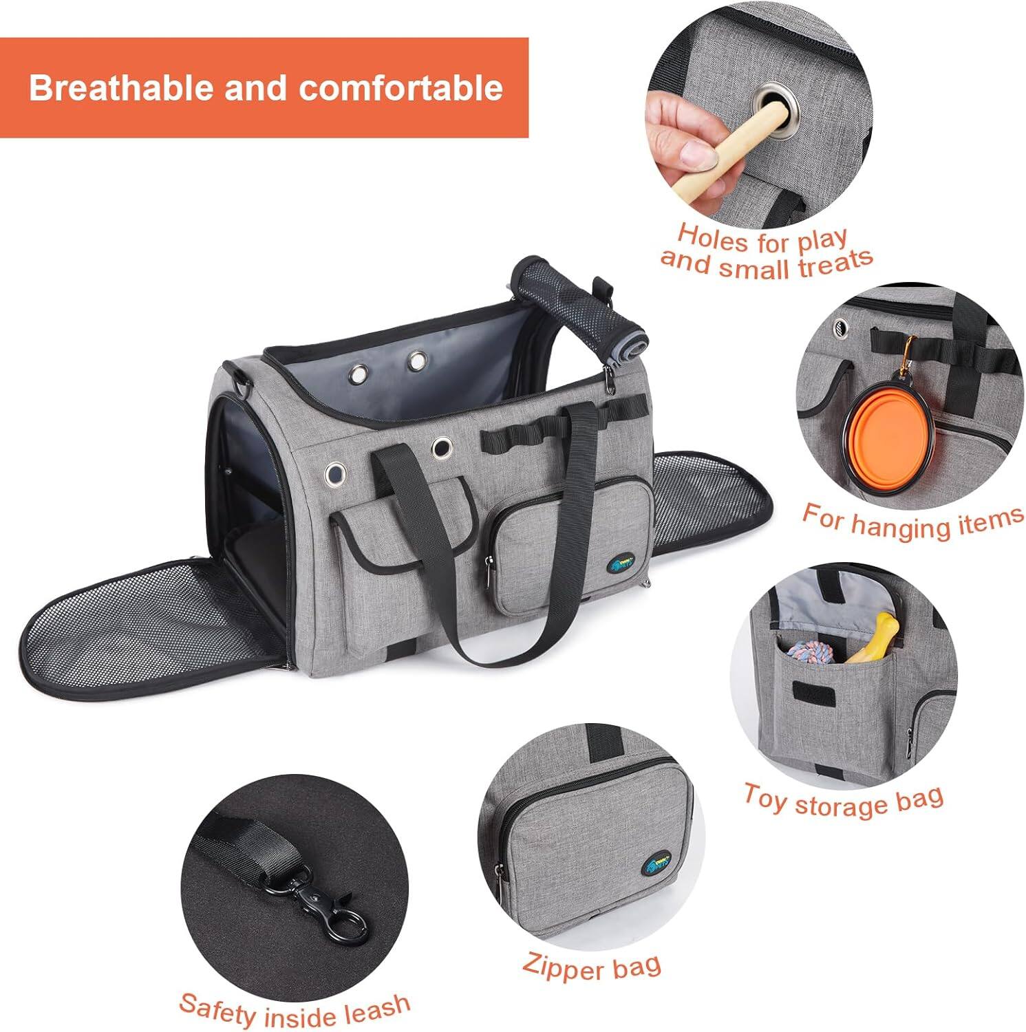 - Breathable and comfortable
- Holes for play and small treats
- For hanging items
- Toy storage bag
- Zipper bag
- Safety inside leash