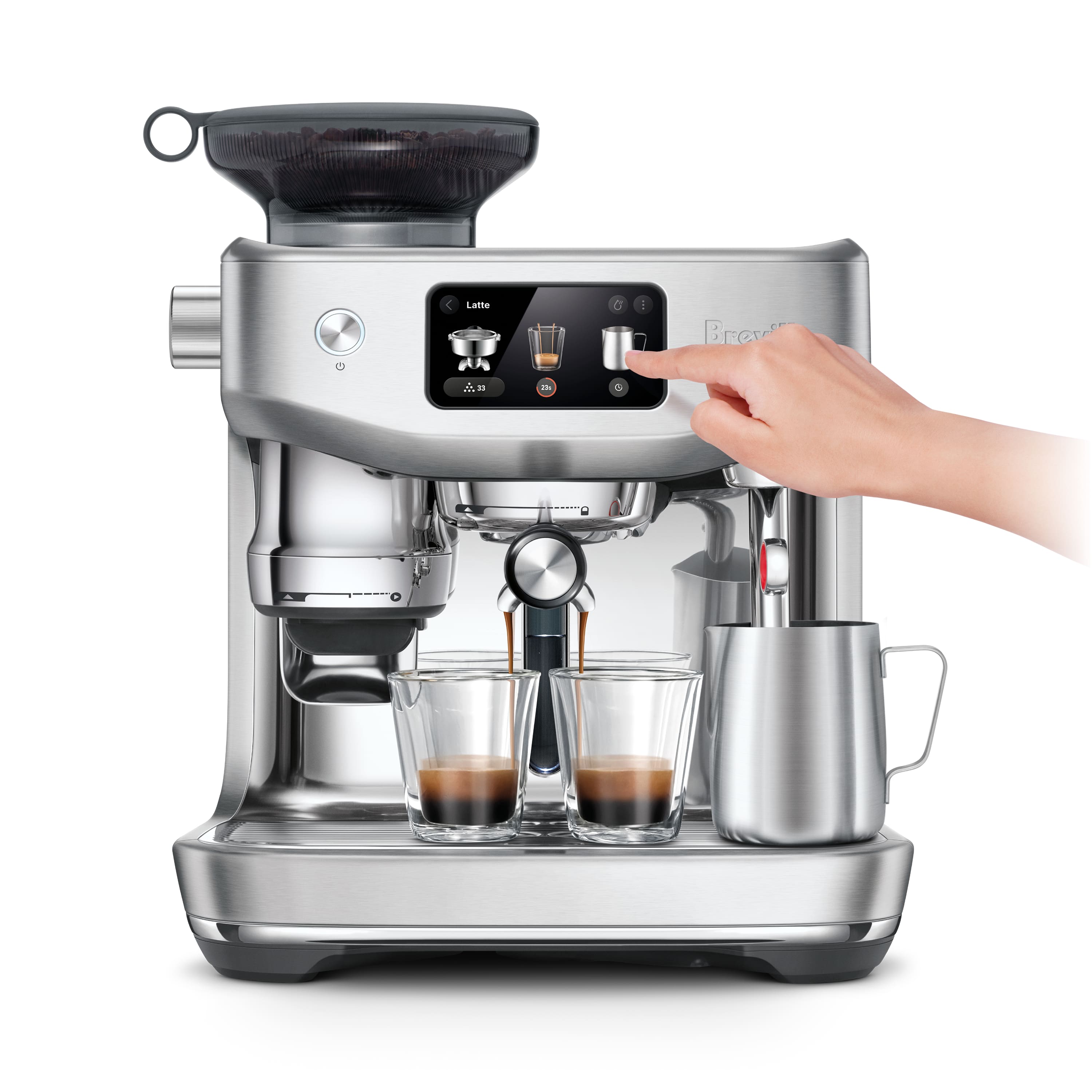 The image shows a person using a coffee maker to make coffee. The coffee maker is filled with coffee beans and has a digital display. The person is pressing buttons on the coffee maker, likely to select the desired coffee strength or type. The coffee maker is equipped with a glass carafe and a cup, ready to serve the freshly brewed coffee.