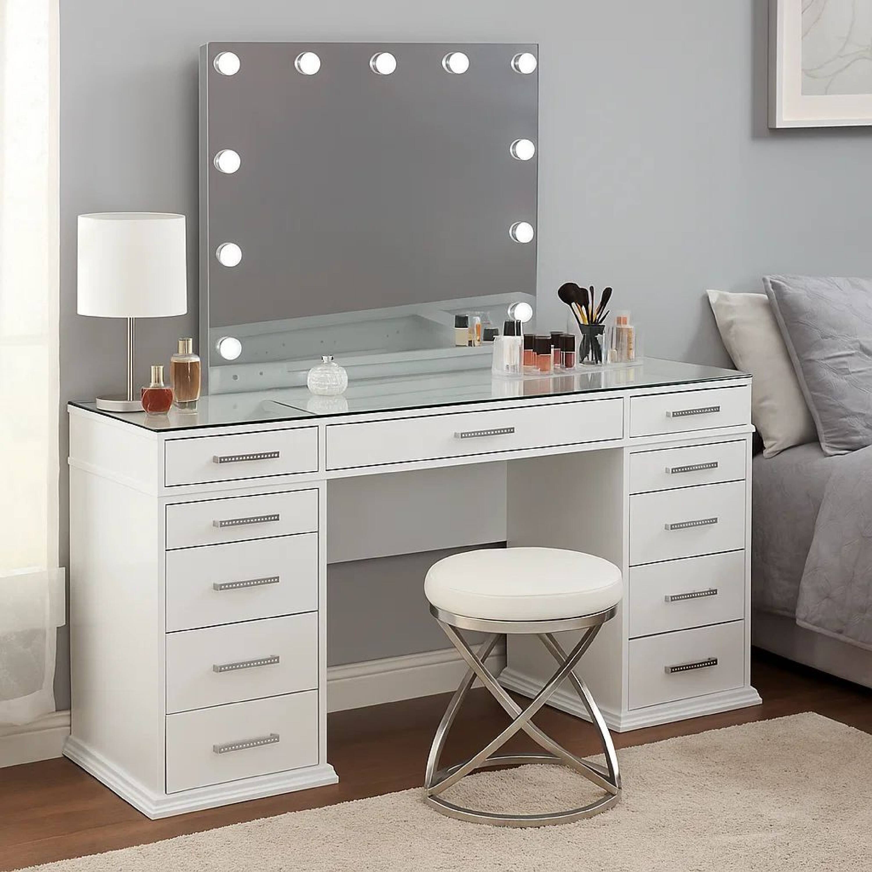 Alt View 5. Manhattan Lane - Vaz 3pc LED Mirror Vanity Table Set, Glass Top, Padded Stool - Luminous White, Gray, Clear.