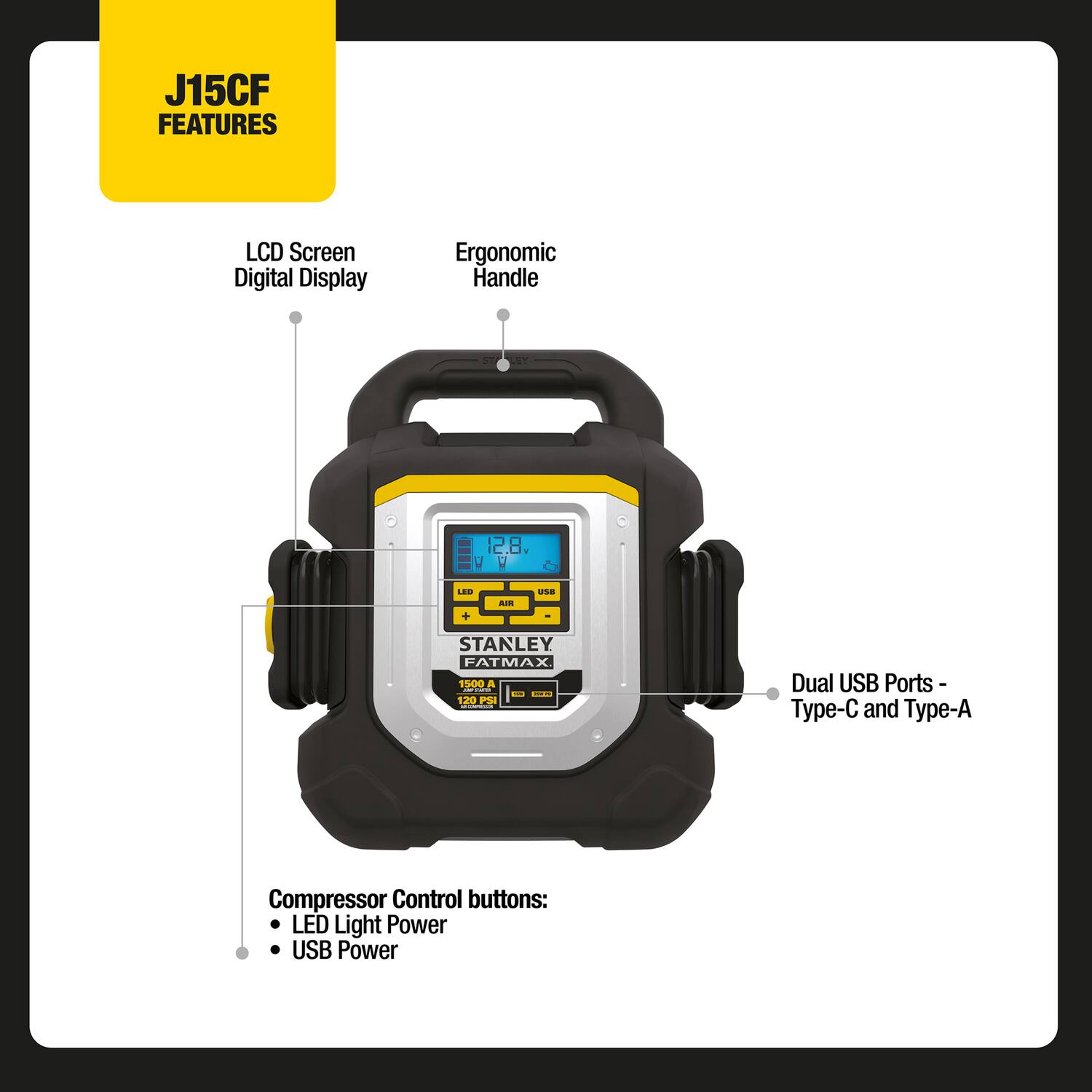 J15CF FEATURES

- LCD Screen Digital Display
- Ergonomic Handle
- Dual USB Ports - Type-C and Type-A
- Compressor Control buttons:
  - LED Light Power
  - USB Power