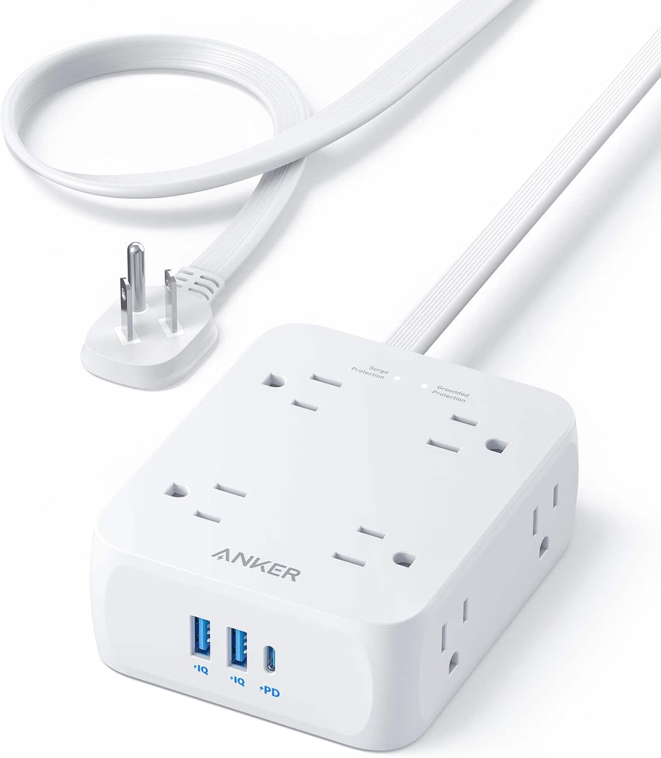 Anker - Surge Protector Flat Plug Power Strip 2000J - Shell White