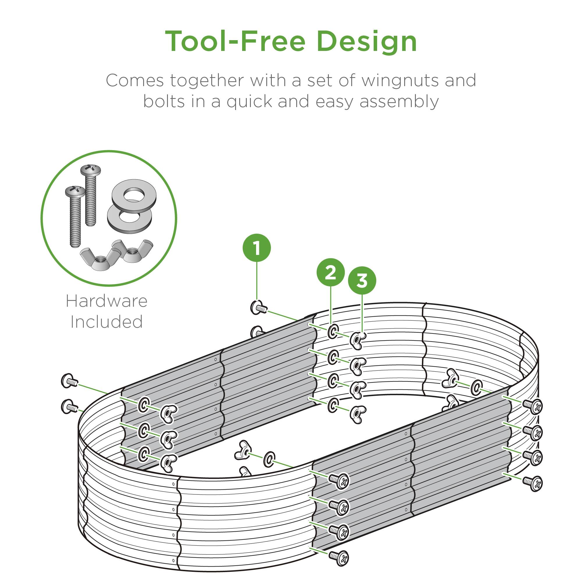 Tool-Free Design  
Comes together with a set of wingnuts and bolts in a quick and easy assembly  

Hardware Included