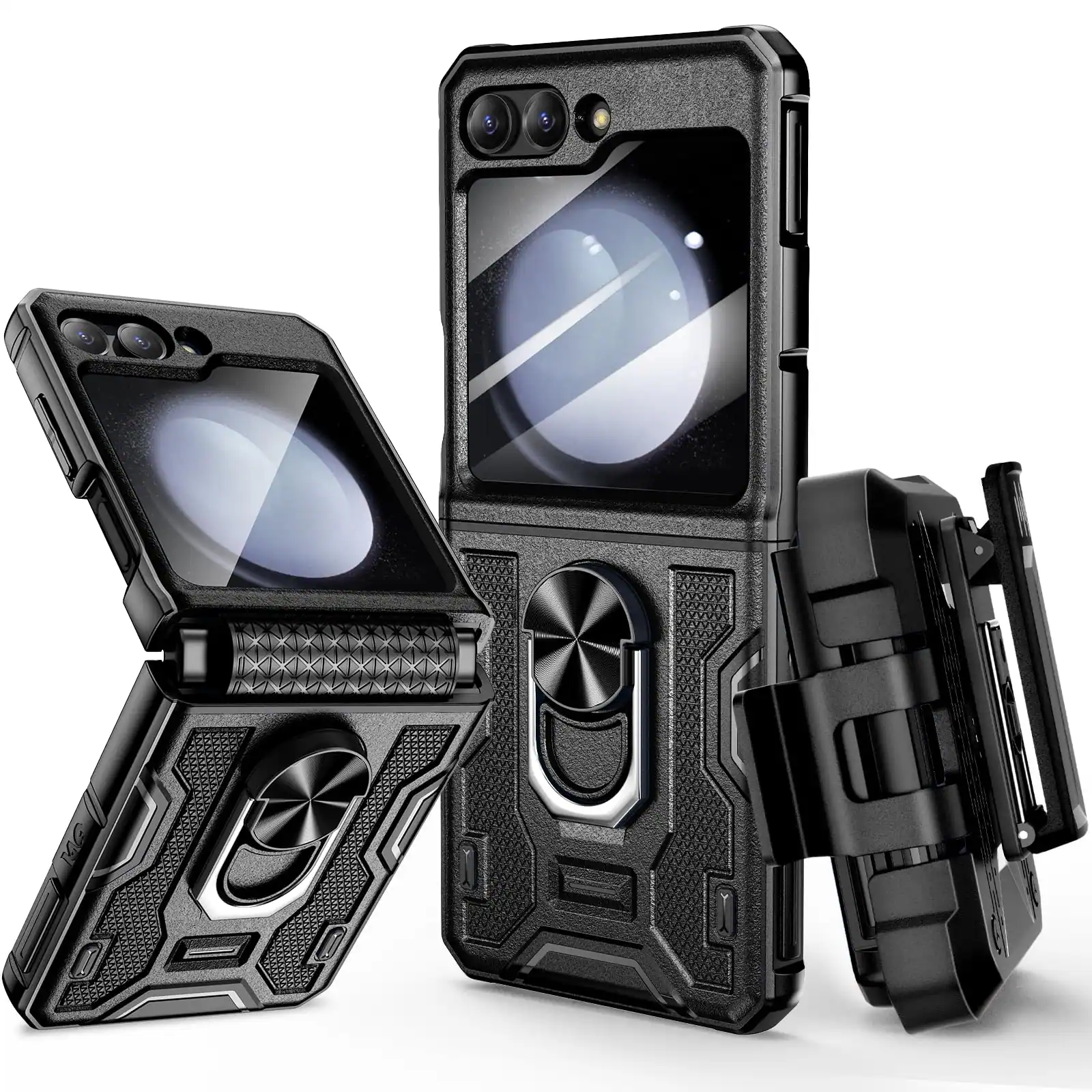 Empire DigiLabs - For Z Flip 6 Case With Hinge Protection 6 Rotatable Ring Kickstand Built in Screen Protector Belt Clip Hols - HD-Black