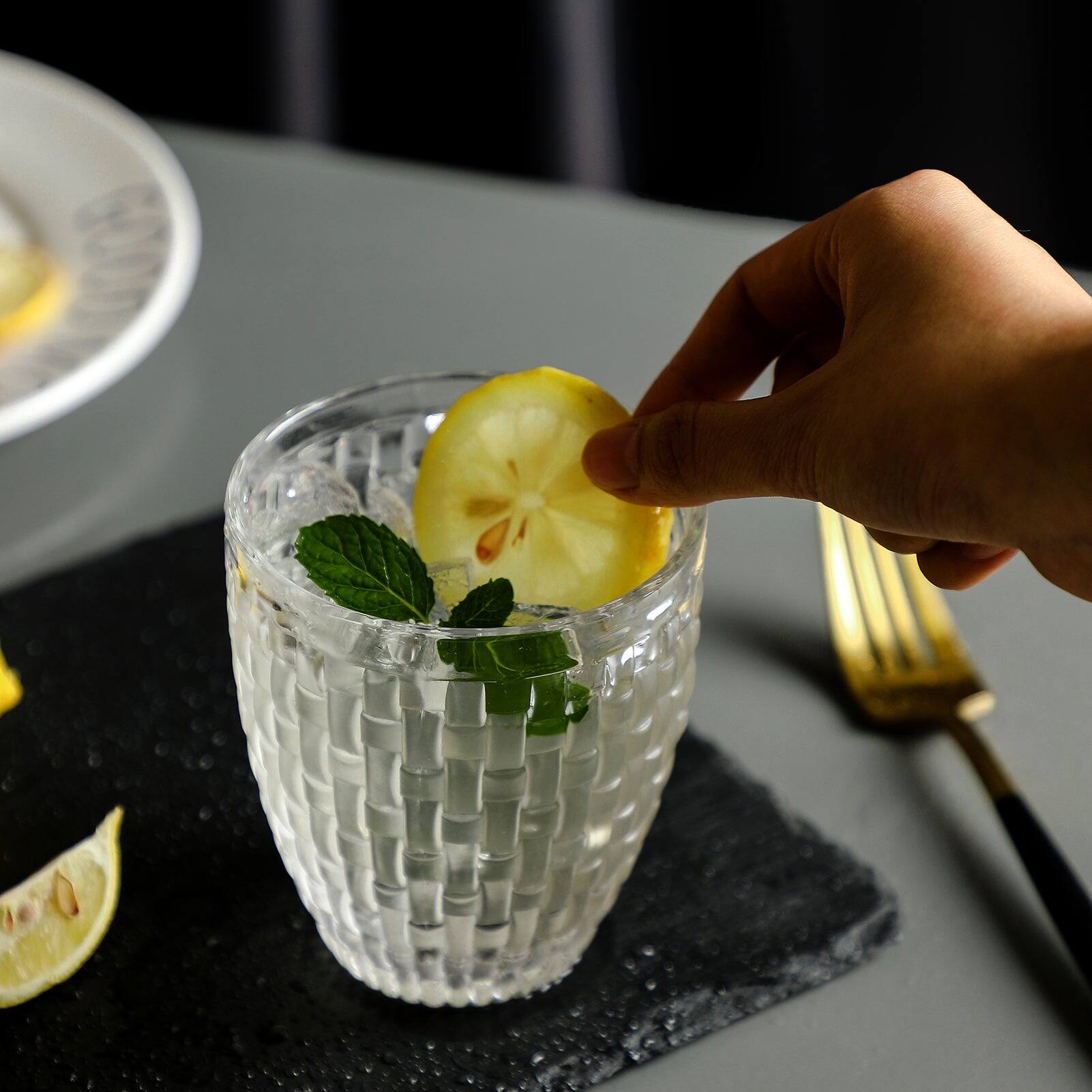 Left. BreeBe - Knitted Collection Tumbler Glasses set of 6 - Clear.