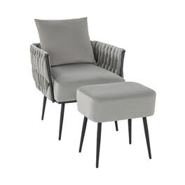 SlickBlue - Velvet Accent Chair with Ottoman, Weaved Back Design for Living Room Seating - Gray