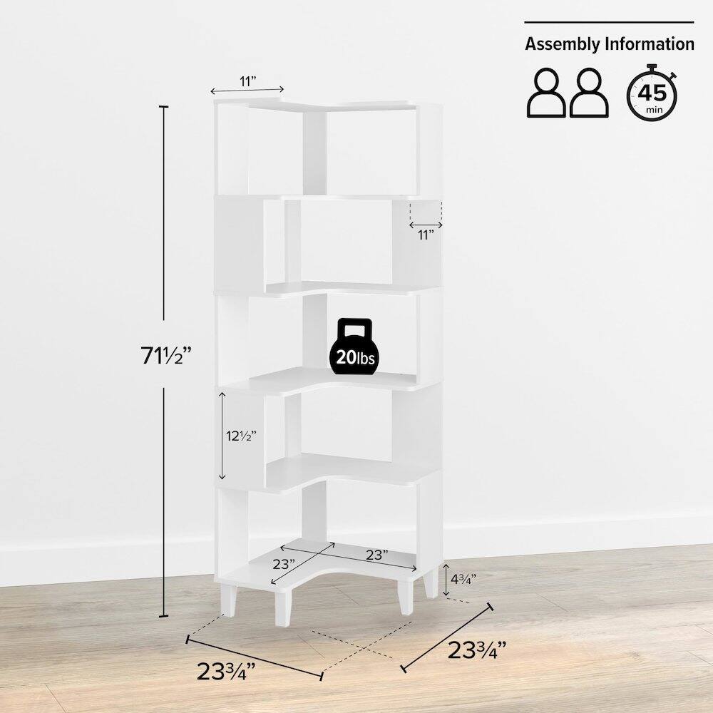 Prepac Nordik 6 Tier Corner Bookcase Engineered Wood Corner Bookshelf ...