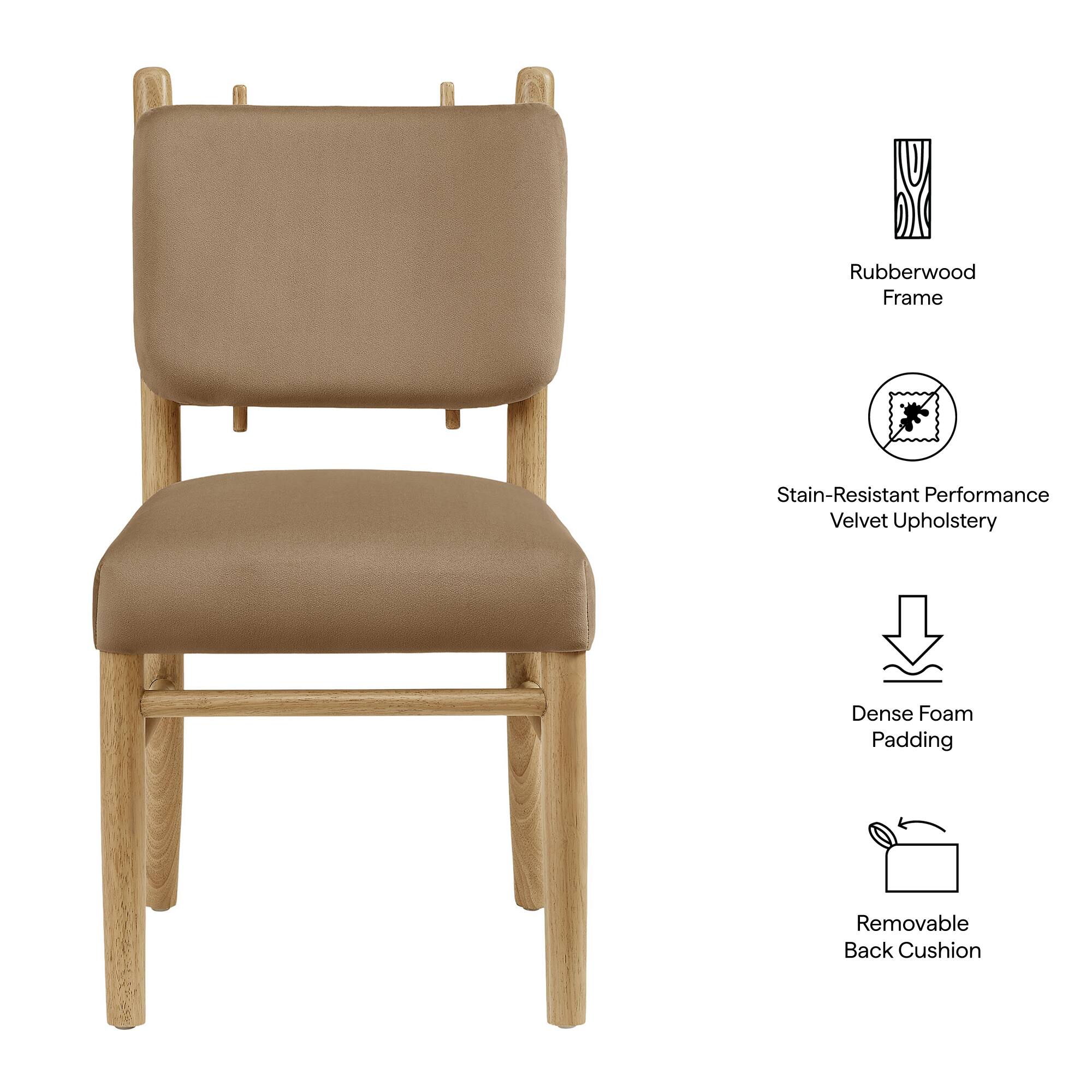 Rubberwood Frame  
Stain-Resistant Performance Velvet Upholstery  
Dense Foam Padding  
Removable Back Cushion