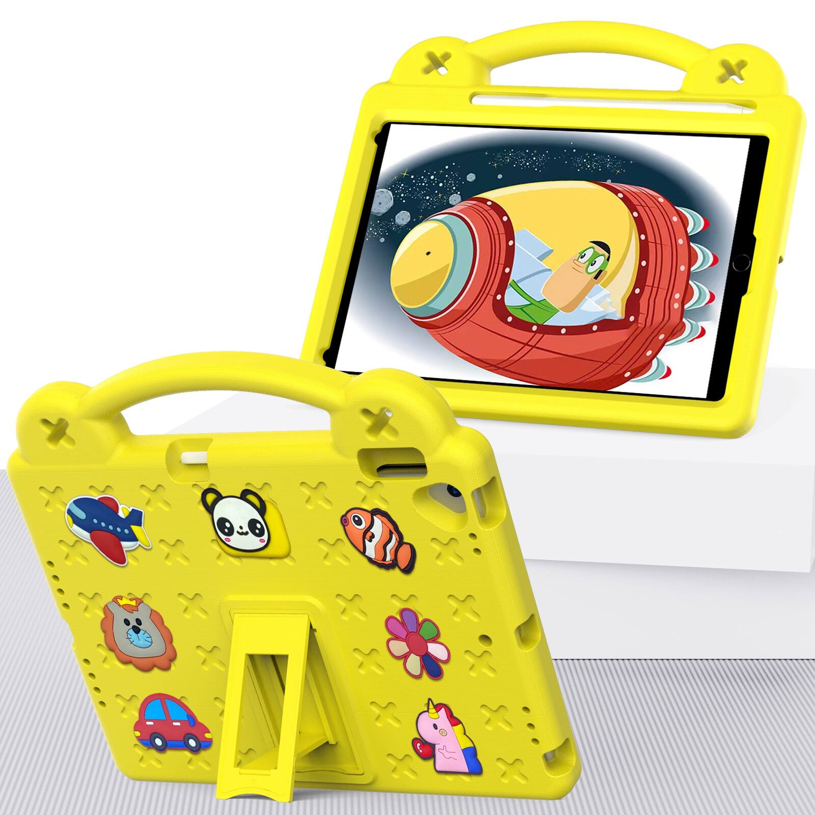 Angle. UUCOVER - Kids Case for iPad 9th 8th 7th Generation 10.2-inch (2021/2020/2019),Shockproof EVA Case Handle Adjustable Stand Cover - Yellow.