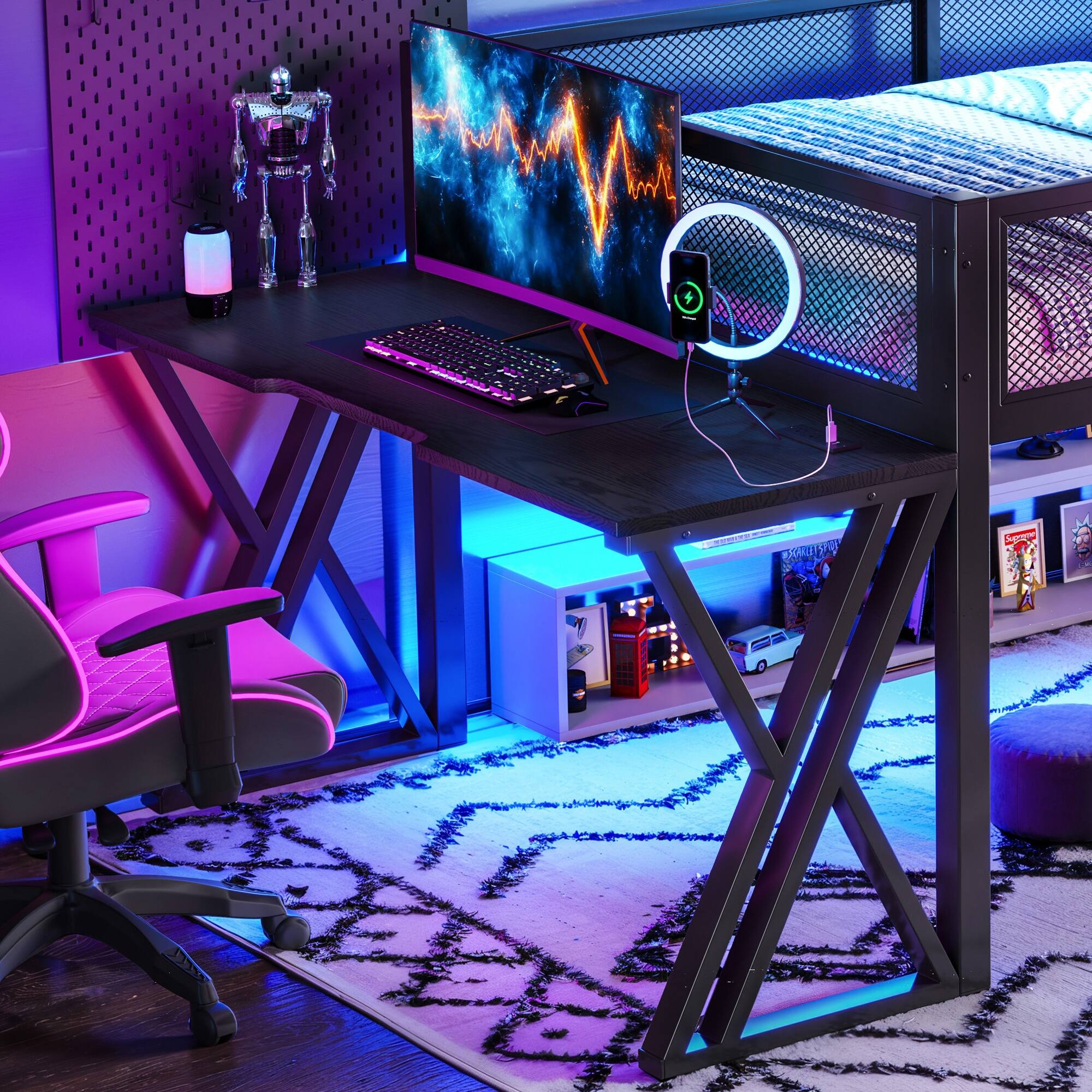 Alt View 2. Boyel Living - Full Size Gaming Loft Bed with Desk of X Shaped Leg LED Lights USB Ports Staircase - Black.
