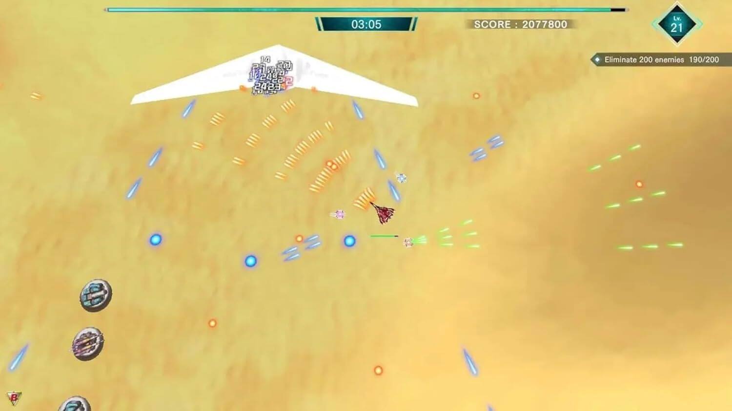 03:05 SCORE: 2077800 Lv. 21 14  W T 4 2 242s Eliminate 200 enemies 190/200