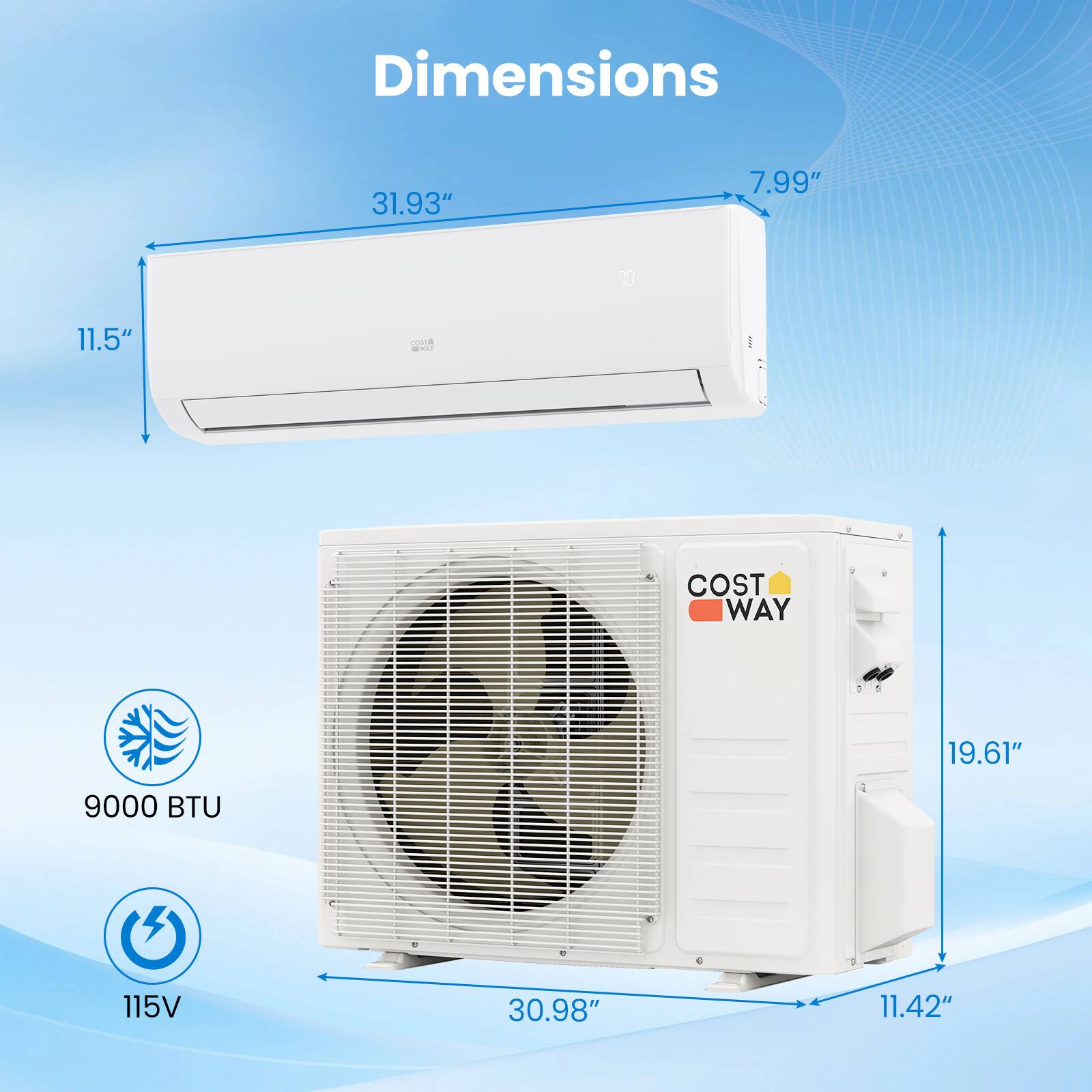 Dimensions:  
- 31.93" x 7.99" x 11.5" (cove)  
- 19.61" x 30.98" x 11.42"  

COST WAY  
9000 BTU  
115V