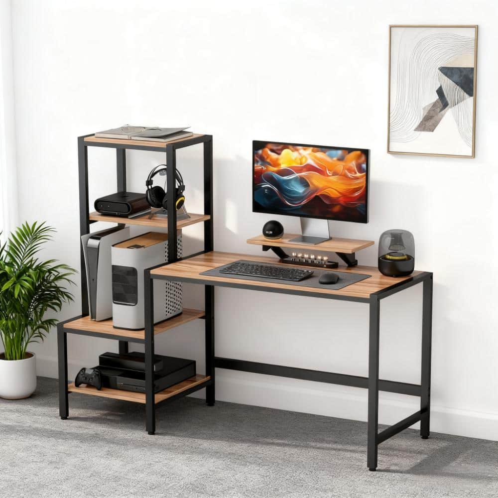 TinyHomie - Computer Desk CPU Desk with Monitor Stand Reversible 4-Tier Shelf for Home and Office - Black and Brown