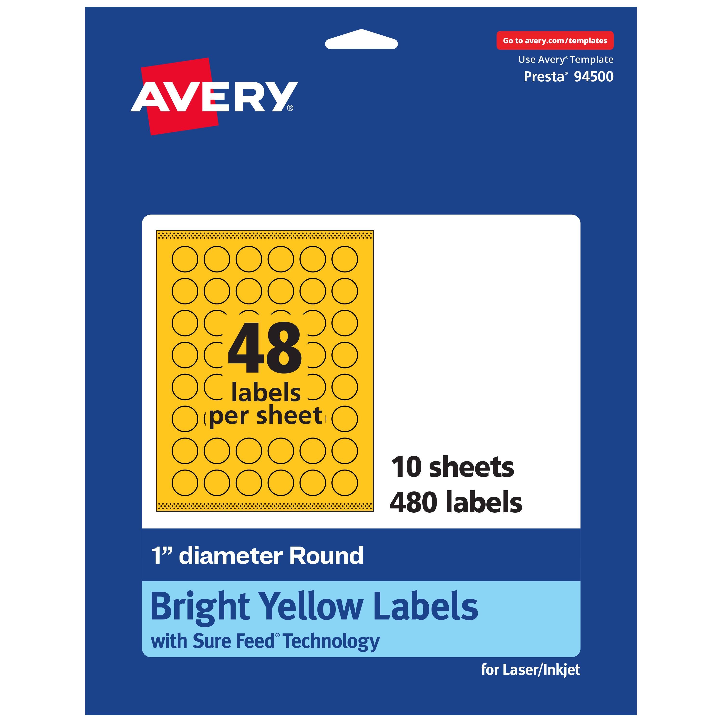 Go to avery.com/templates  
AVERY  
Use Avery Template Presta® 94500  
48 labels (per sheet)  
10 sheets  
480 labels  
1" diameter Round Labels  
Bright Yellow Labels with Sure Feed® Technology for Laser/Inkjet