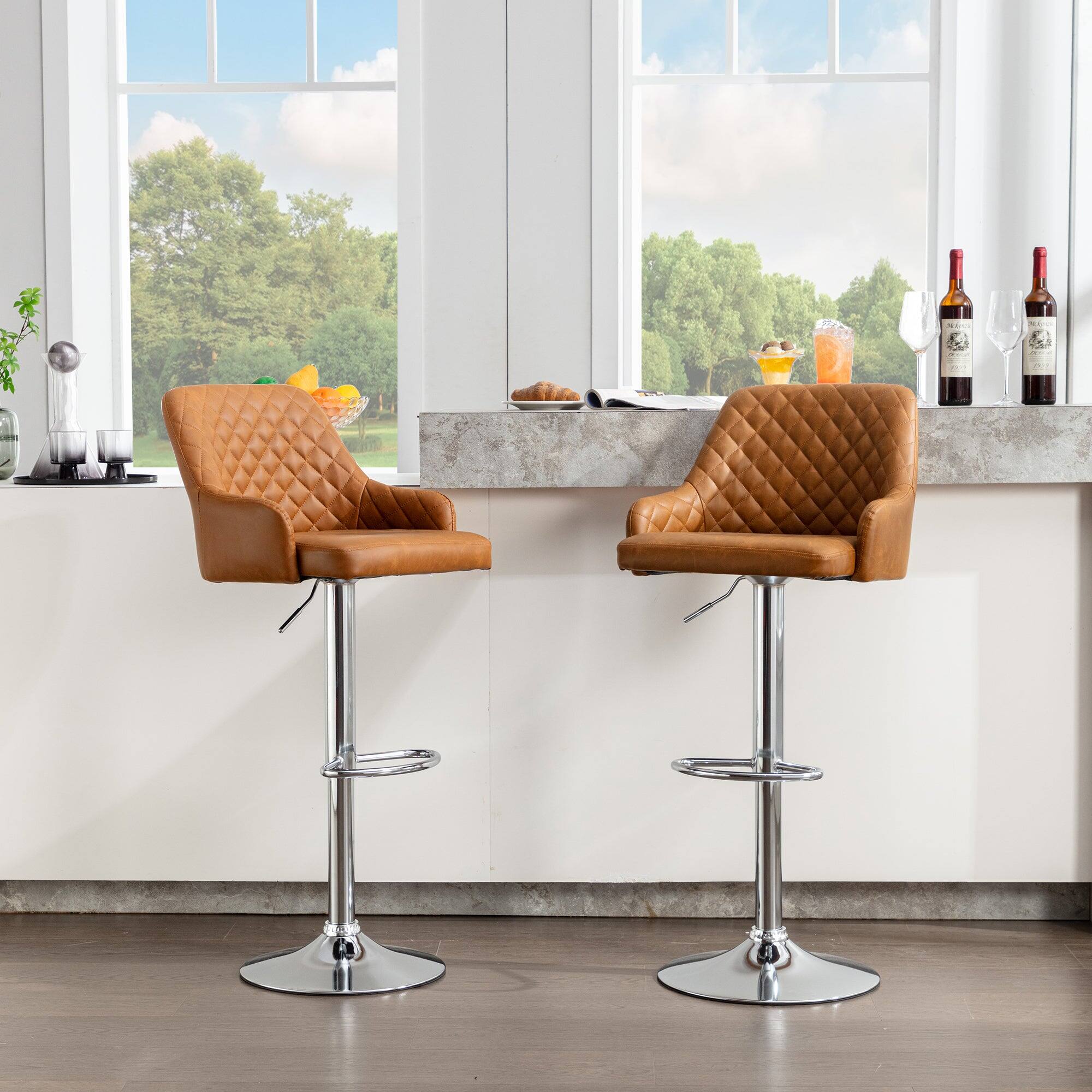 Alt View 2. Vecelo - Set of 4 PU Leather Bar Stools - Adjustable Height Seats, 330lb Capacity, 360° Rotation - Brown.