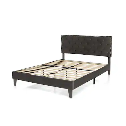 Front. LUCKY ONE - Queen Assembled Upholstered Platform Bed with Button Tufted Velvet Headboard 1000 lbs - Grey-Queen.