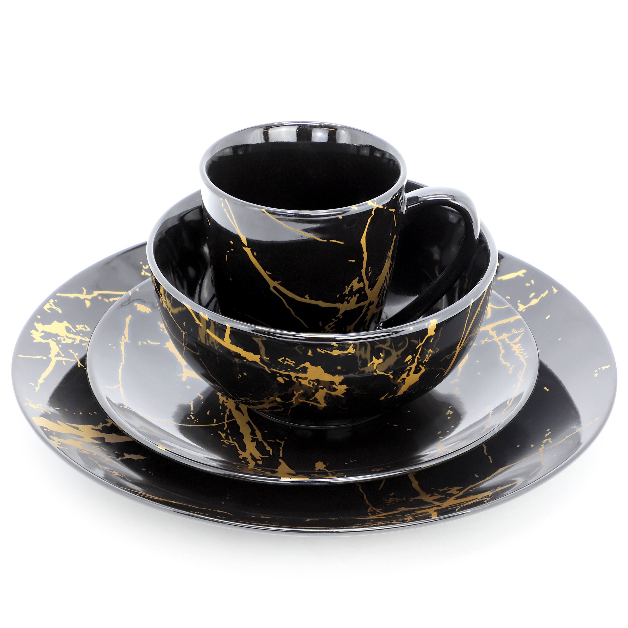 Alt View 1. Elama - Elama Fine Marble 16 Piece Porcelain Dinnerware Set in Black with Gold Veining - Black with Gold.