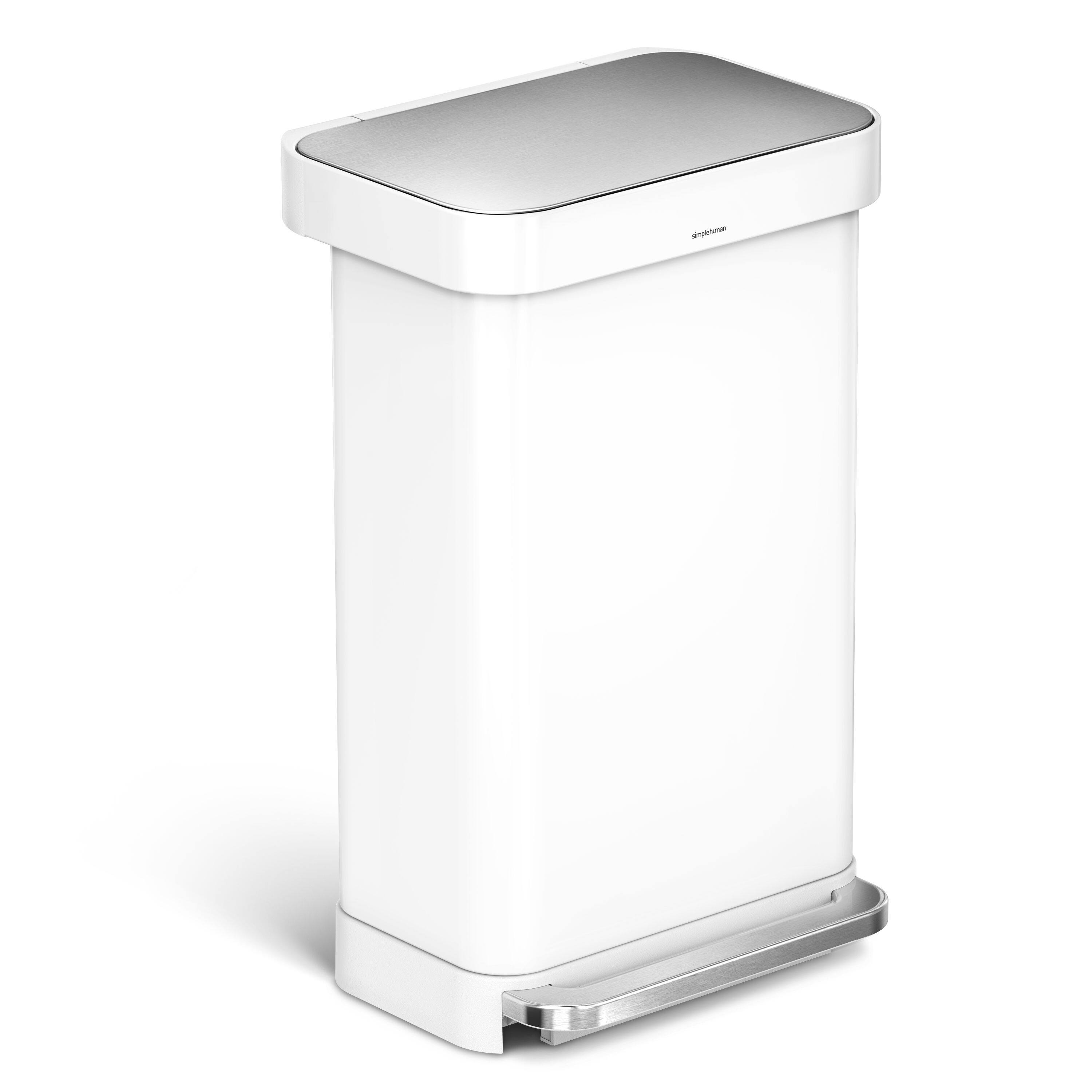 Front. simplehuman - 45L rectangular step can with liner pocket, white steel - White.