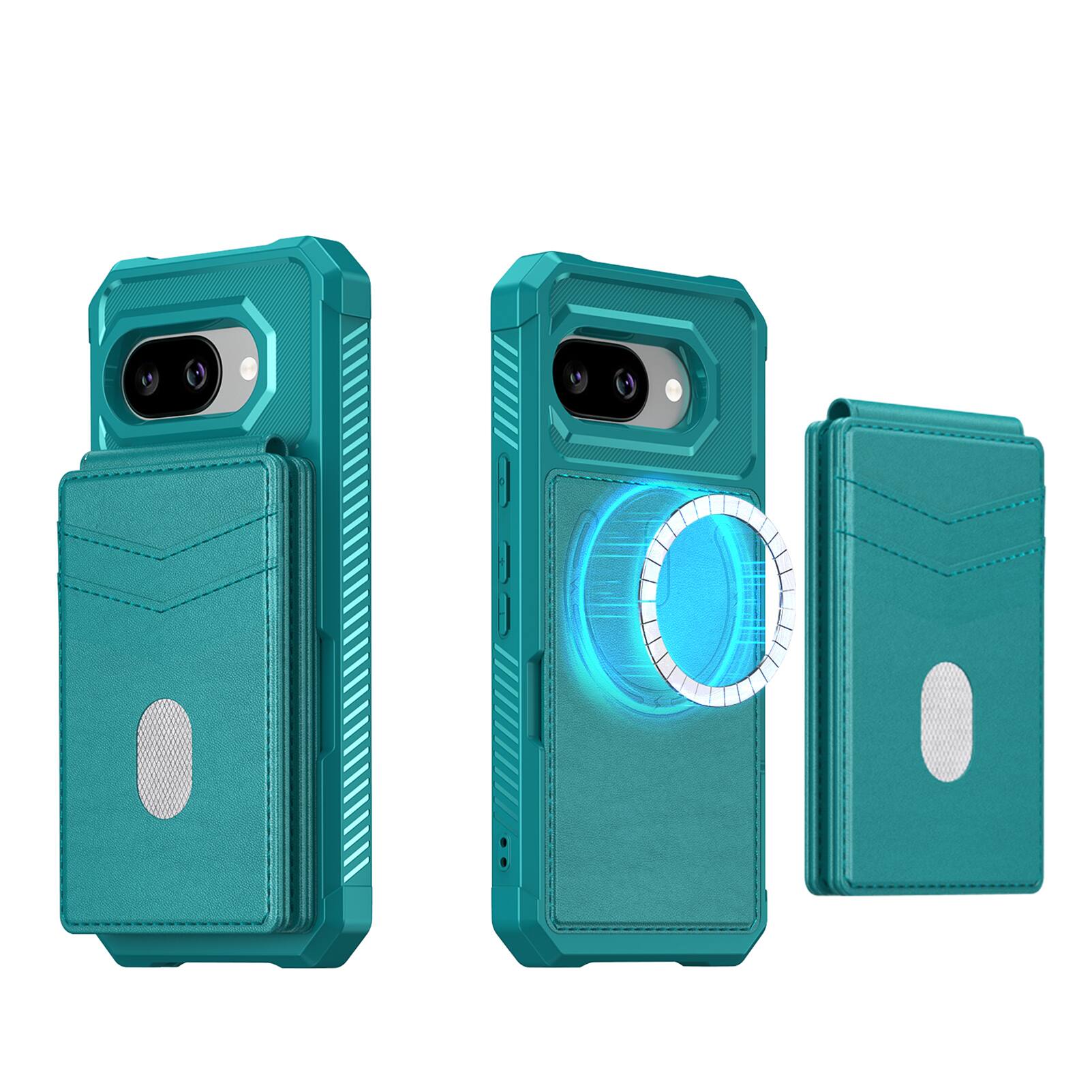 Angle. Dteck - For Google Pixel 10a 2-in-1 Magnetic Leather Flip Stand Wallet Case RFID Blocking Detachable Card Holder - Green.