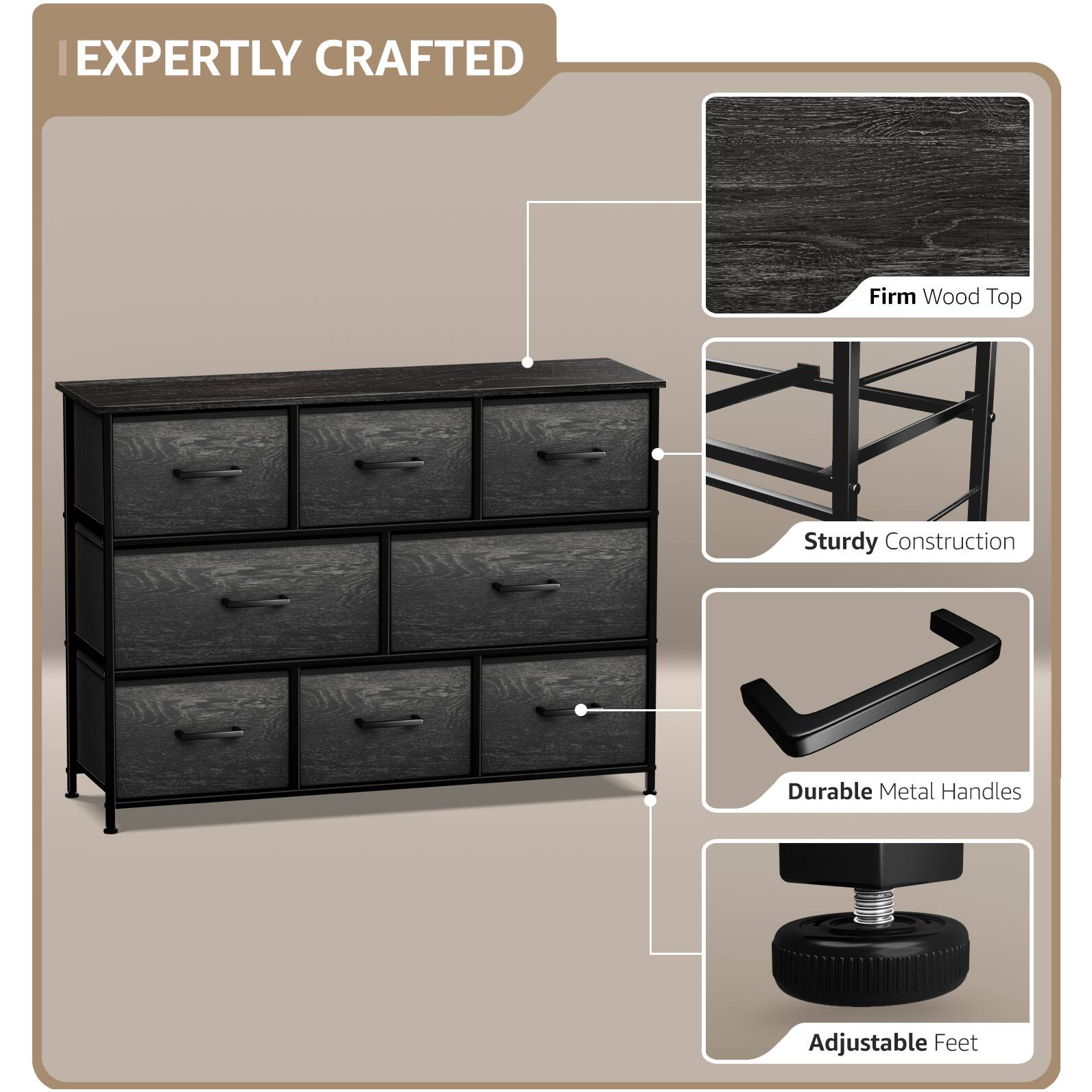 EXPERTLY CRAFTED

- Firm Wood Top
- Sturdy Construction
- Durable Metal Handles
- Adjustable Feet