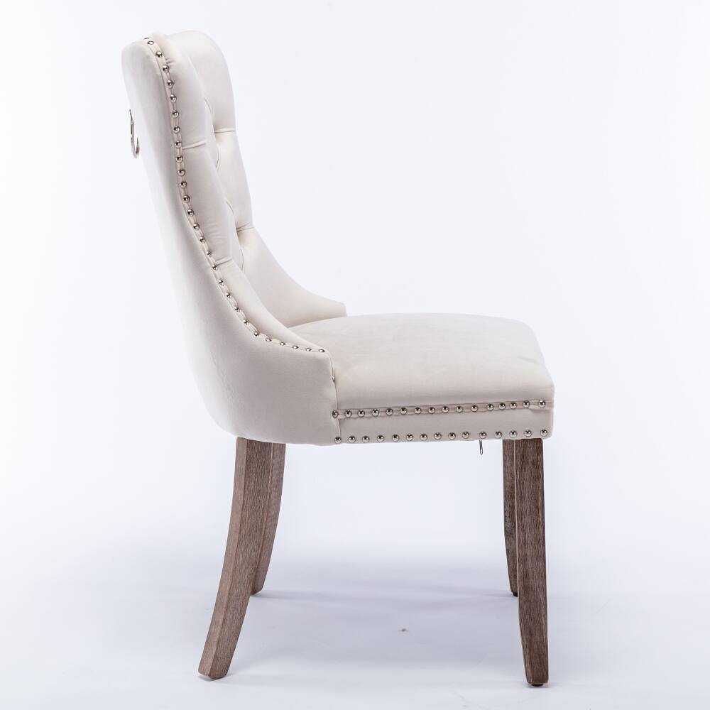 Back. Loheer - Loheer Beige Velvet Dining Chairs Set of 2 Tufted High Back Upholstered Mid-Century Modern Solid Wood Legs Nailhead Trim - Beige.
