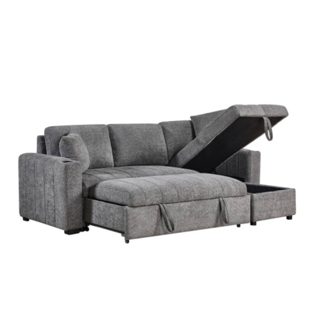 Alt View 2. LUCKY ONE - 96" Gray Boucle Reversible Sleeper Sectional Sofa with Storage Chaise, Cupholders, USB Charging, and Throw Pillows - Gray.