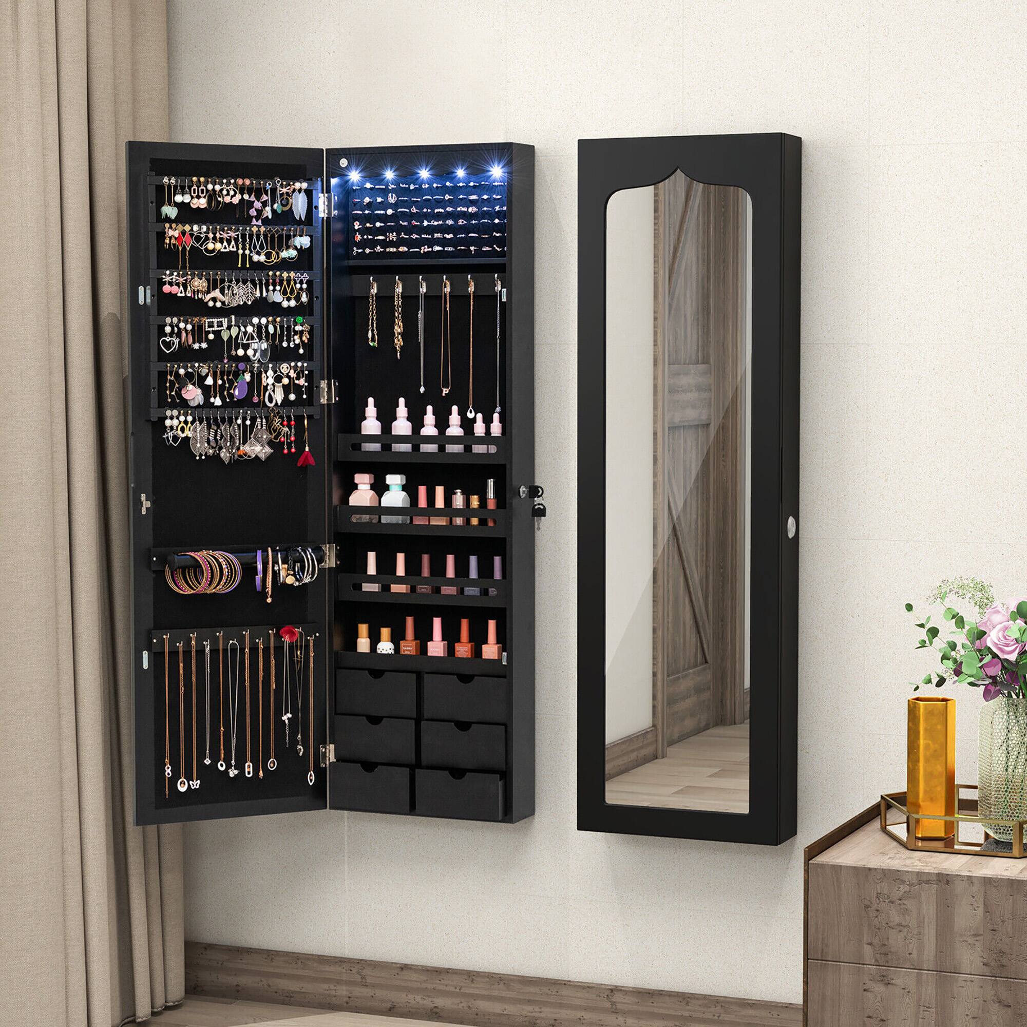 Alt View 1. Gymax - Gymax Wall Door Mounted LED Mirror Jewelry Cabinet Lockable Armoire w/6 Drawers Black - MDF.